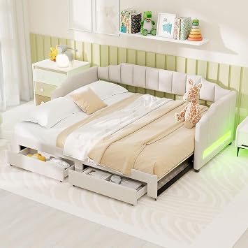 VilroCaz Twin XL to King Size Upholstered Daybed with Extendable Trundle and 2 Storage Drawers, Linen Fabric Sofa Bed Daybed with Soft Padded Armrests for Bedroom Guest Room Living Room Beige-7.7