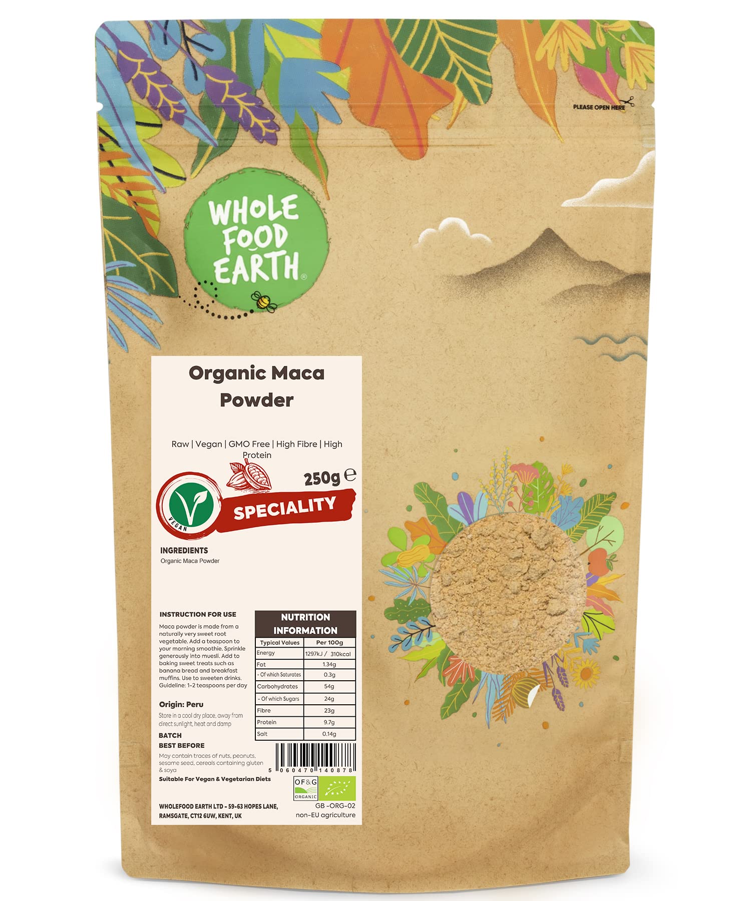 Wholefood Earth - Organic Maca Powder 250g - GMO Free - Raw