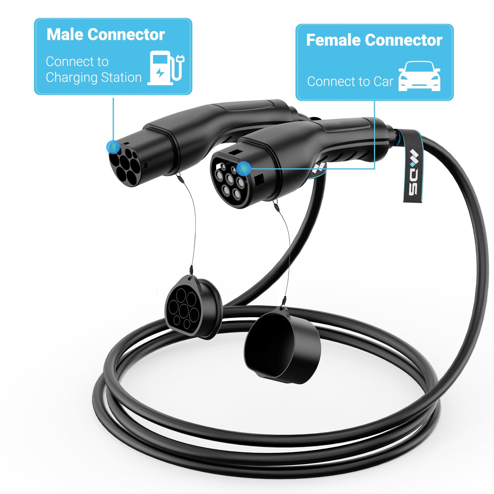 MDS - Cable de carga tipo 2, modo 3, 32 A, 7,2 kW, 3 fases, 5 metros, tipo 2 a tipo 2, cargador para coche eléctrico con bolsa de transporte