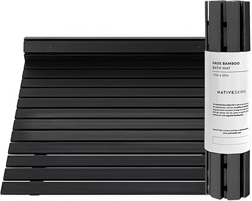 NativeSkins Tapete de baño de bambú sintético, negro, forro de seguridad antideslizante, tapete de ducha de bambú, impermeable, de secado rápido,