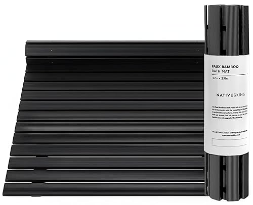 NativeSkins Faux Bamboo Shower Mat (Black), Non-Slip Safety Lining, Waterproof,