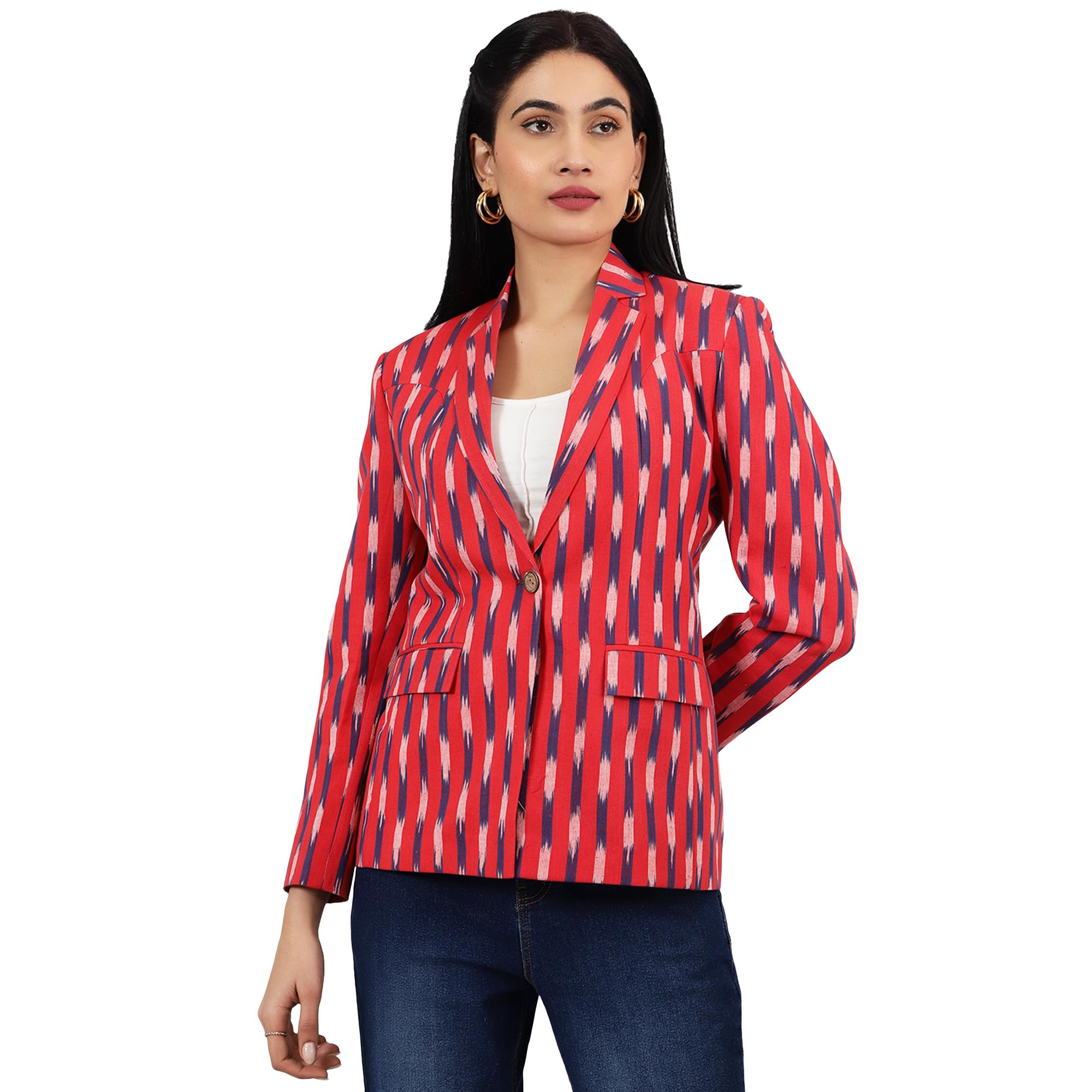 indophilia Womens Ikat Red Cotton Blazer-picture-37