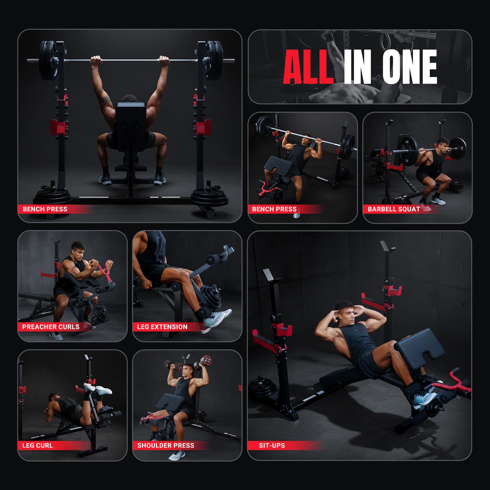 Multifunzione Palestra Casa con Rack Palestra, Panca Piana Bilanciere, Panca Addominali con leg extension leg curl - arm curl - porta
