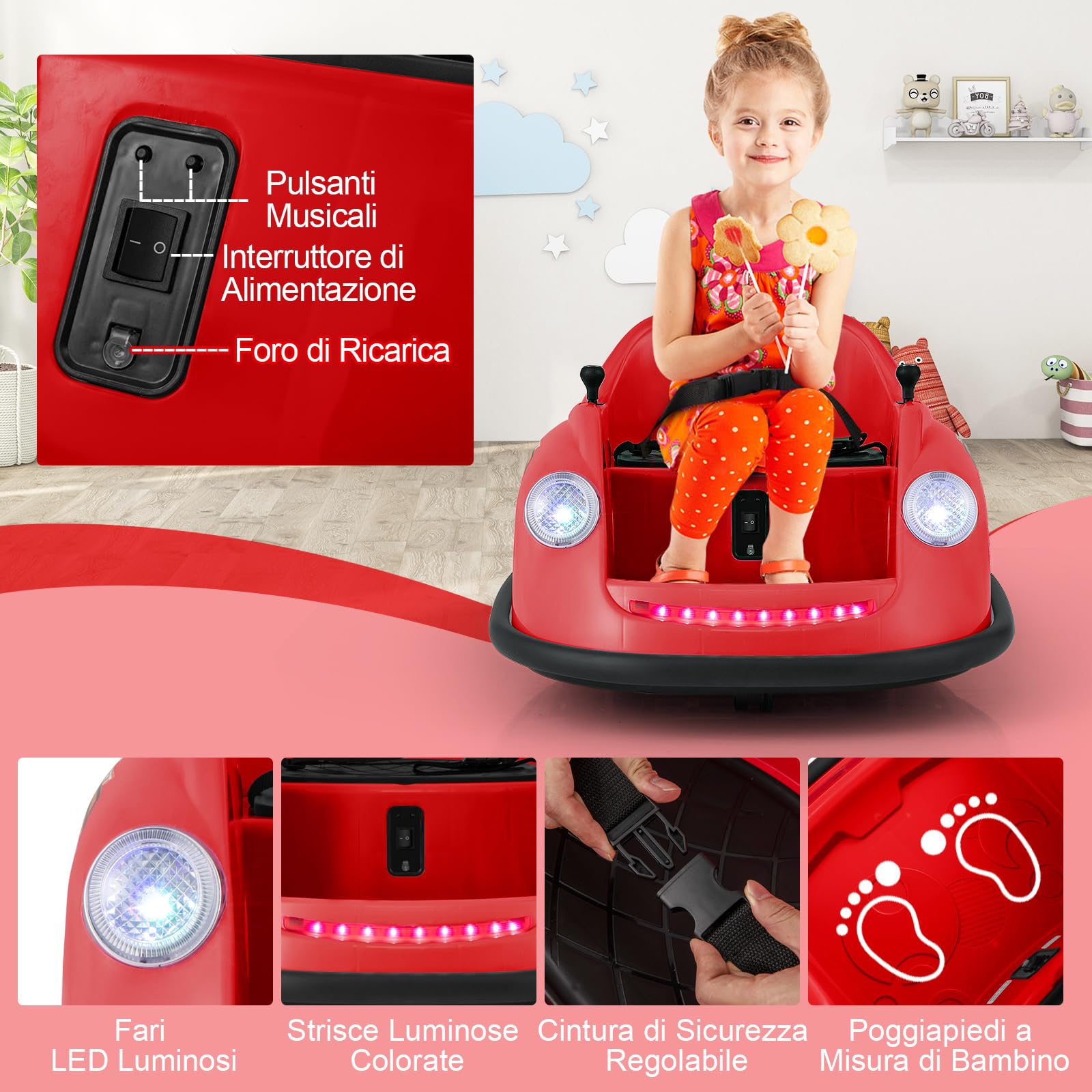 COSTWAY 12V Auto Elettrica per Bambini con Telecomando, Autoscontro Elettrico con Luci LED Musica e Rotazione a 360°, Macchina Cavalcabile per Bambini 2-5 Anni (Rosso)