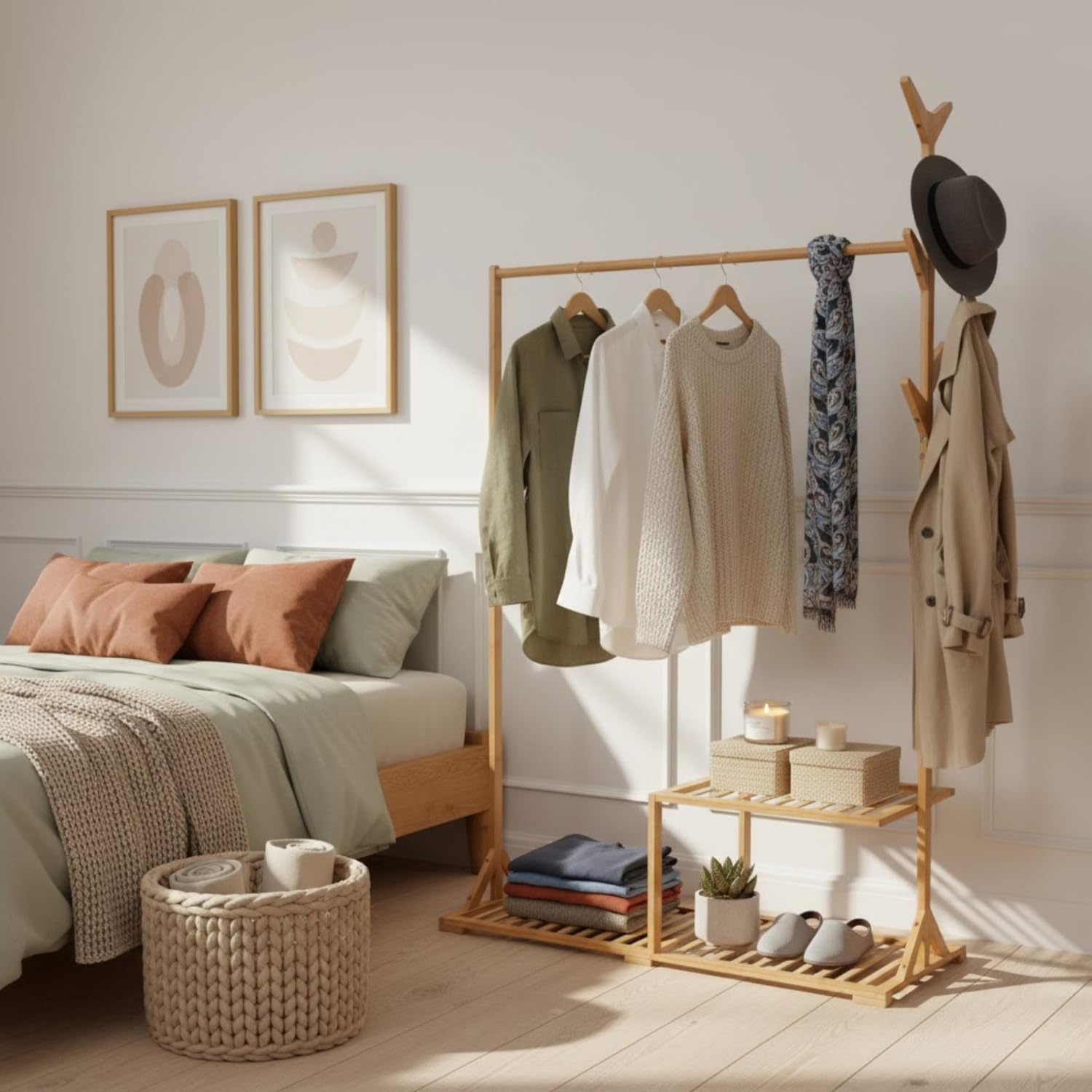 THINIA HOME - Perchero de Pie de Bambú Natural con Zapatero y Ganchos Árbol, Organizador de Entrada, Dormitorio o Recibidor, Estilo Nórdico, 107x40x169 cm