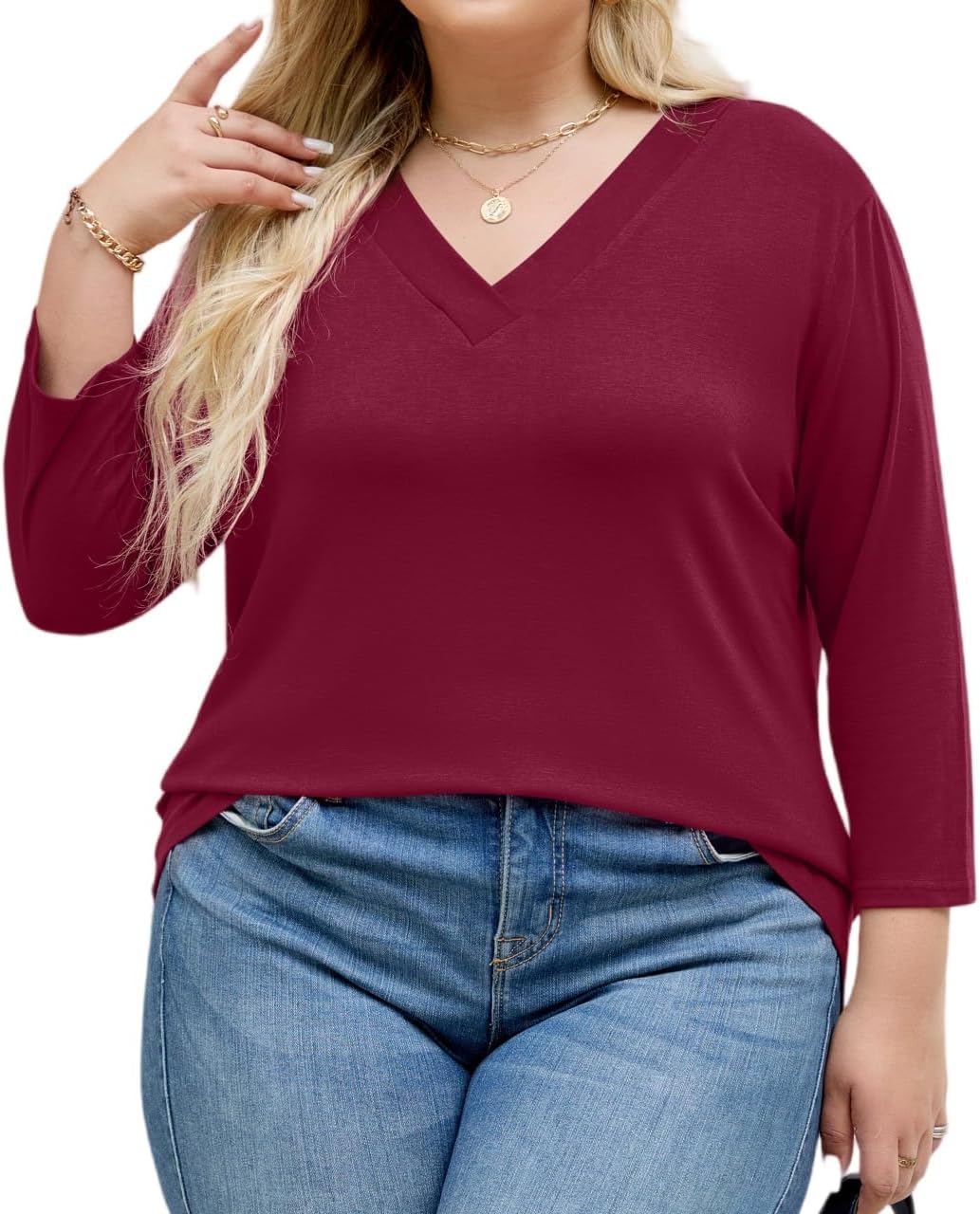 Plus Size Tops for Womens 3/4 Sleeve V Neck Casual T Shirts Loose Fit Tunic Blouse