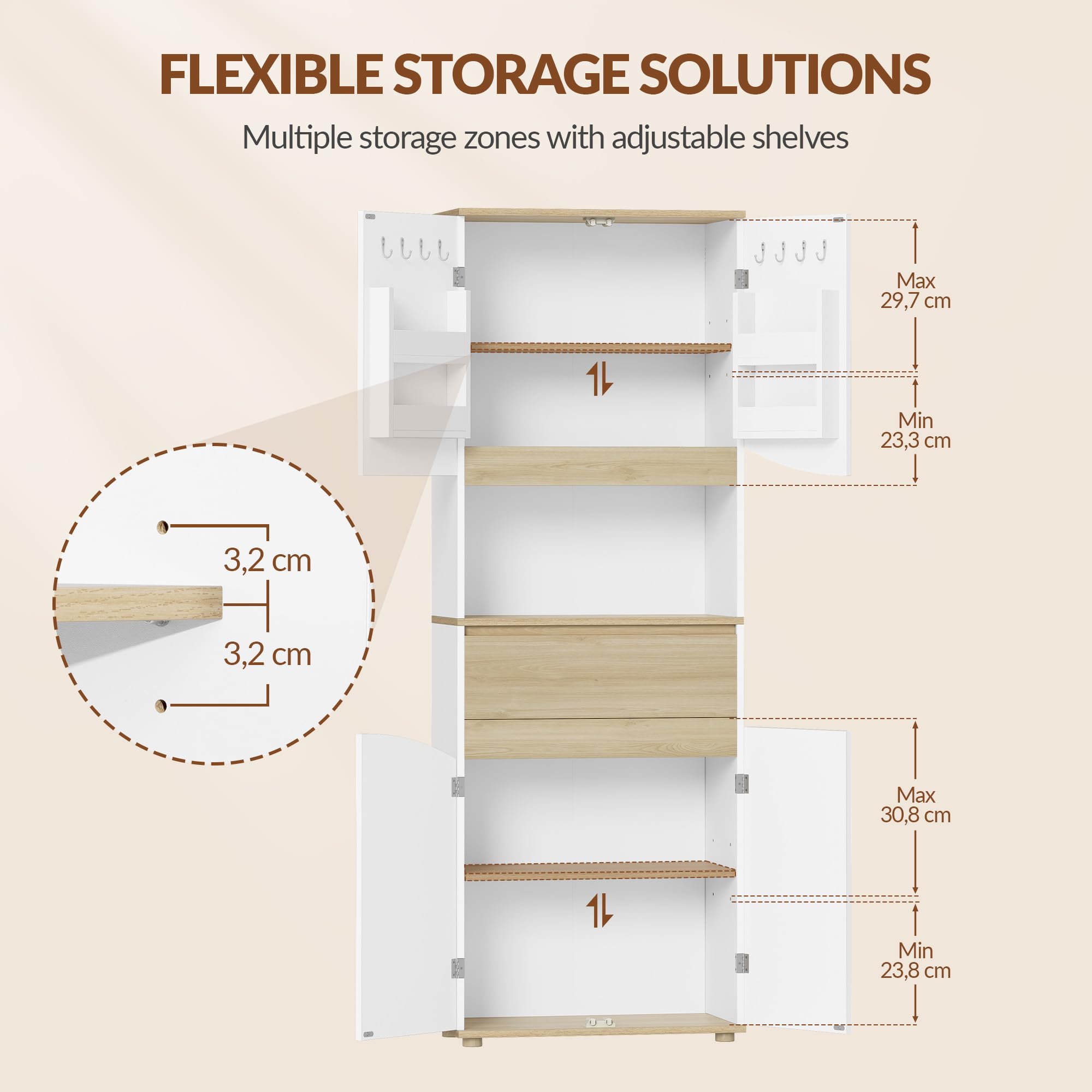 Armario de Baño, Columna Alto, 60 x 30 x 170 cm, Blanco y Roble | Mueble Baño, Armario de Almacenamiento, Estantes Ajustables, para Baño, Cocina, Salón, FFBC031PWN1