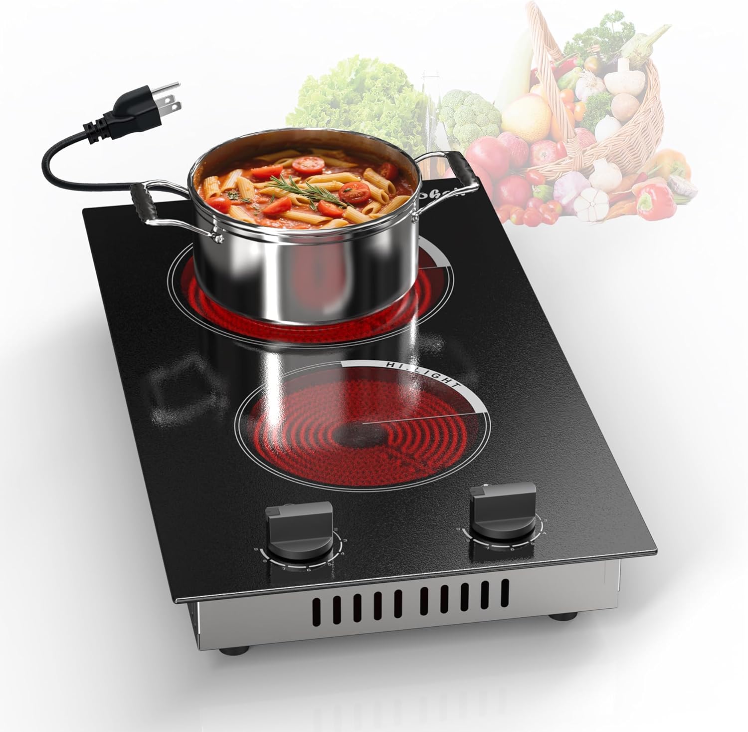 2 Burner Electric Cooktop - 110v Countertop and Built-in Electric Stove 2000W, 12 Inch Ceramic Stove with Residual Heat Indicator, Over-Temperature Protection, Knob Control, 110-120V Plug in 12Inch/2 Burner/Knob