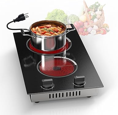 2 Burner Electric Cooktop - 110v Countertop and Built-in Electric Stove 2000W, 12 Inch Ceramic Stove with Residual Heat Indicator, Over-Temperature Protection, Knob Control, 110-120V Plug in