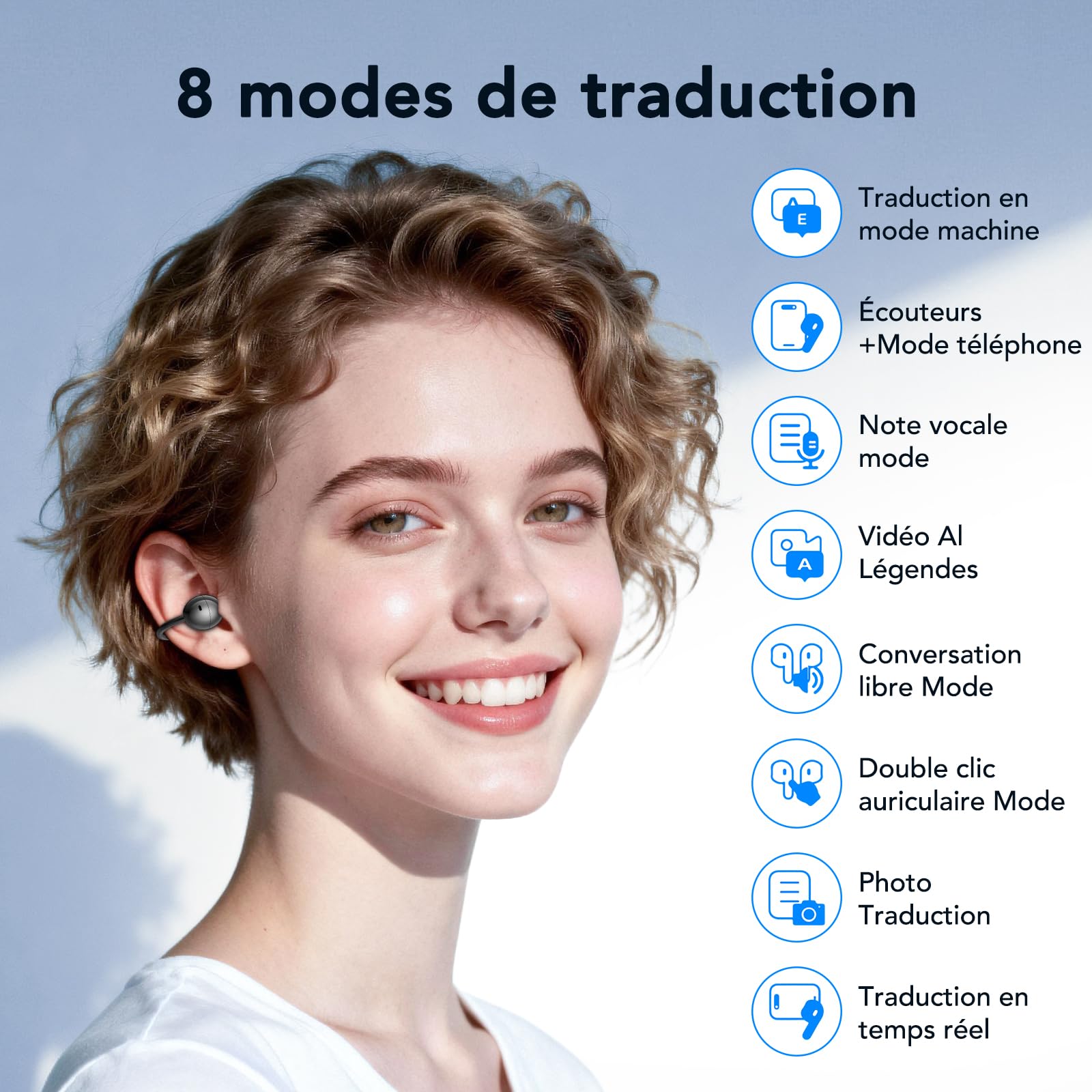 NE32 Ecouteur Traducteur Instantané,150 langues et 9 modes de traduction,Traduction vocale instantanée,48H Autonomie,Microphone antibruit ENC.Écouteurs sans fil AI Bluetooth 6.0 pour voyage/études.