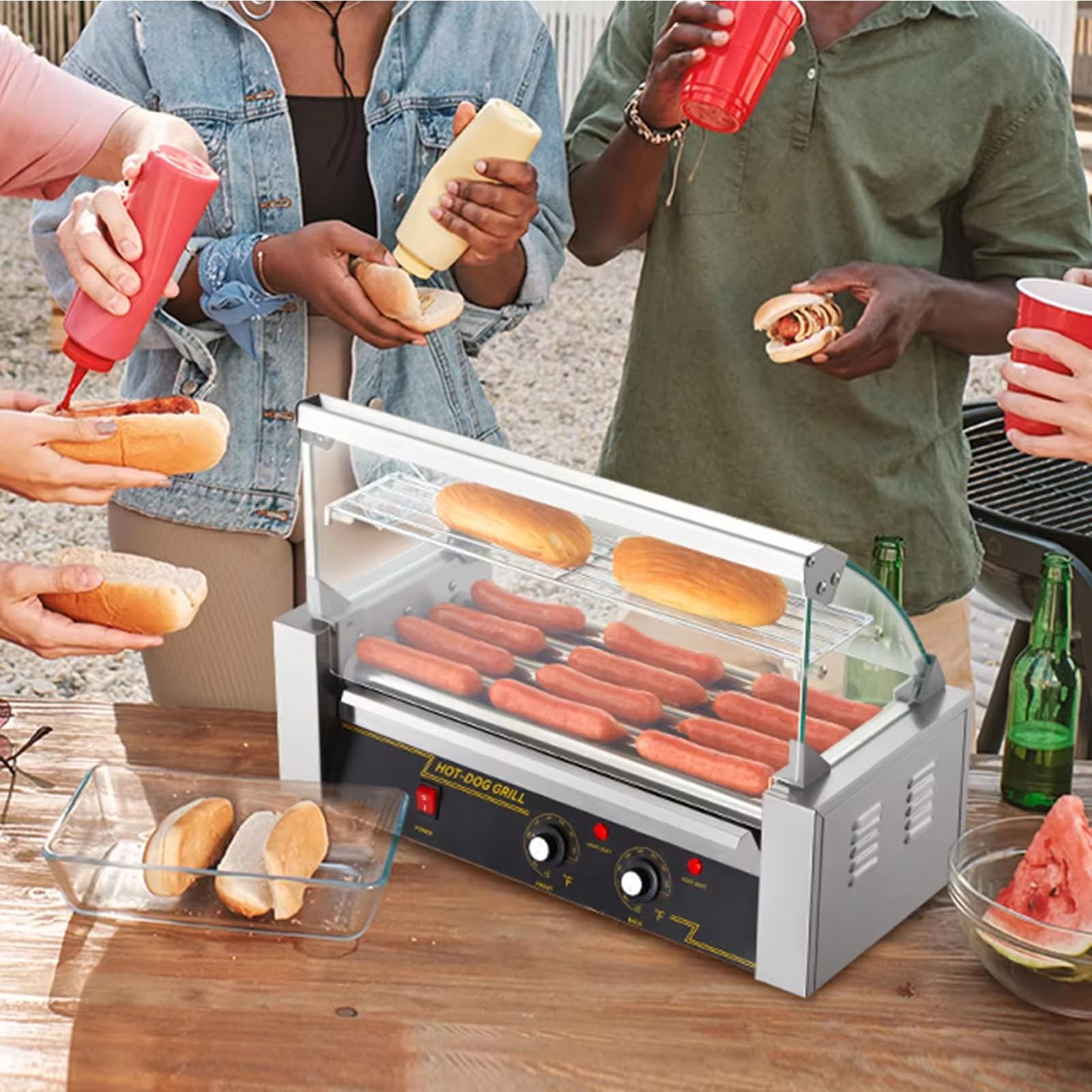 Rodillos comerciales para perros calientes, parrilla de rodillo para perros calientes, máquina de acero inoxidable con cubierta antipolvo, máquina de rodillos para perros calientes con control de