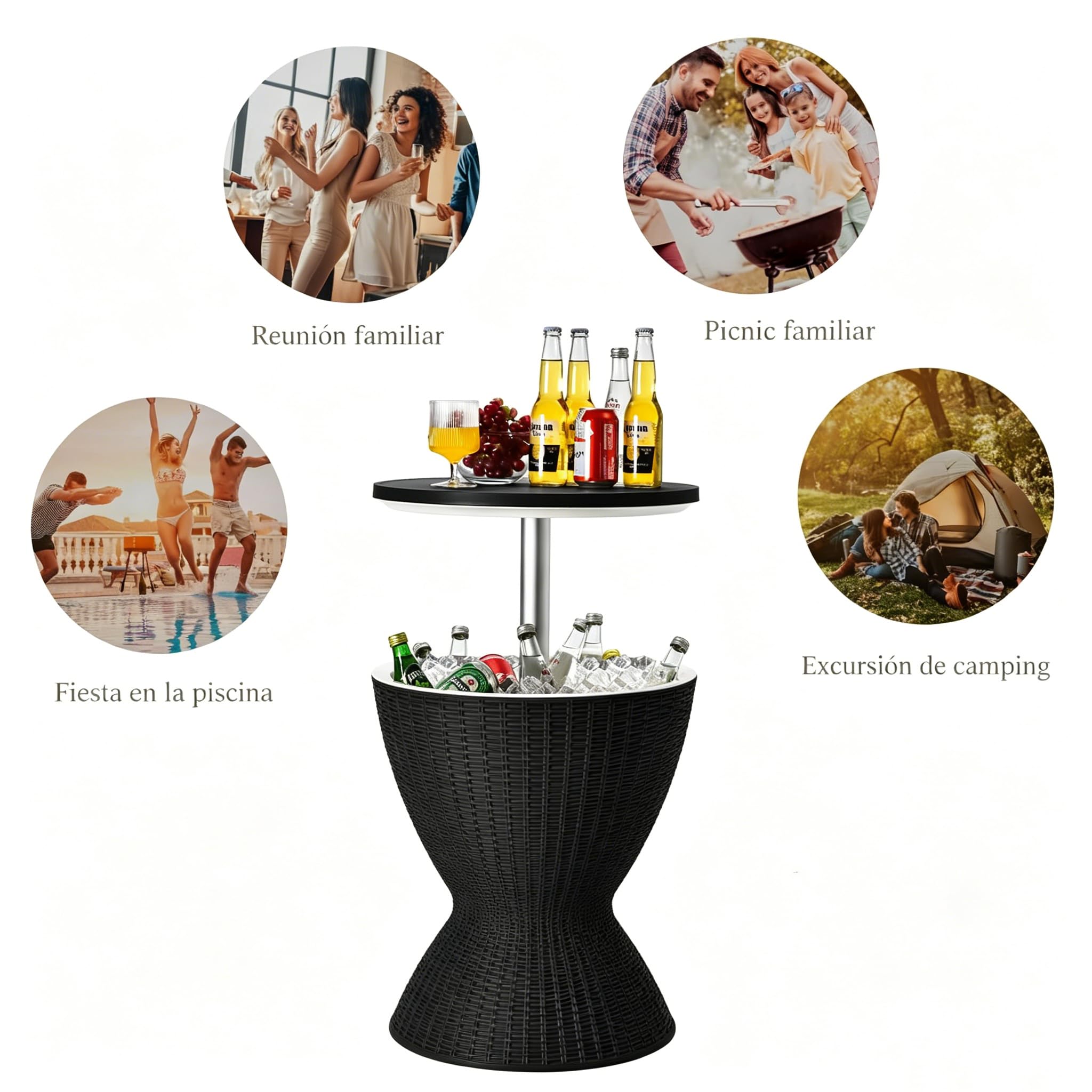 GYMAX Cool Bar 30L Mesa Auxiliar 3 en 1 con Tablero Extensible para Bebidas y Aperitivos, Enfriador de Bebidas en Aspecto de Ratán, Enfriador de Cerveza y Vino para Jardín, Terraza (Negro)