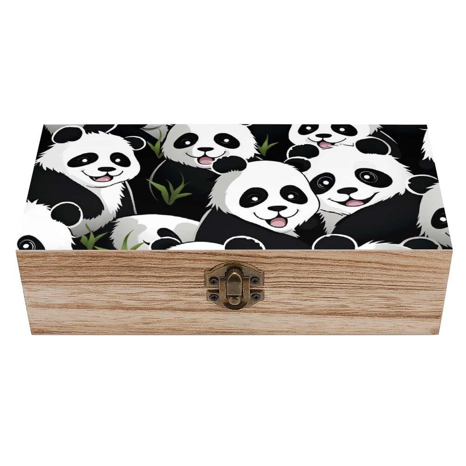 HLBSDM Panda Pattern Memory Jewelry Wooden Box, Large Wooden Treasure Chest Boxes with Hinged Lid, Photos Storage Case for Women Men, Wooden Keepsake Box, 7.9'' X 3.9'' X2.3''