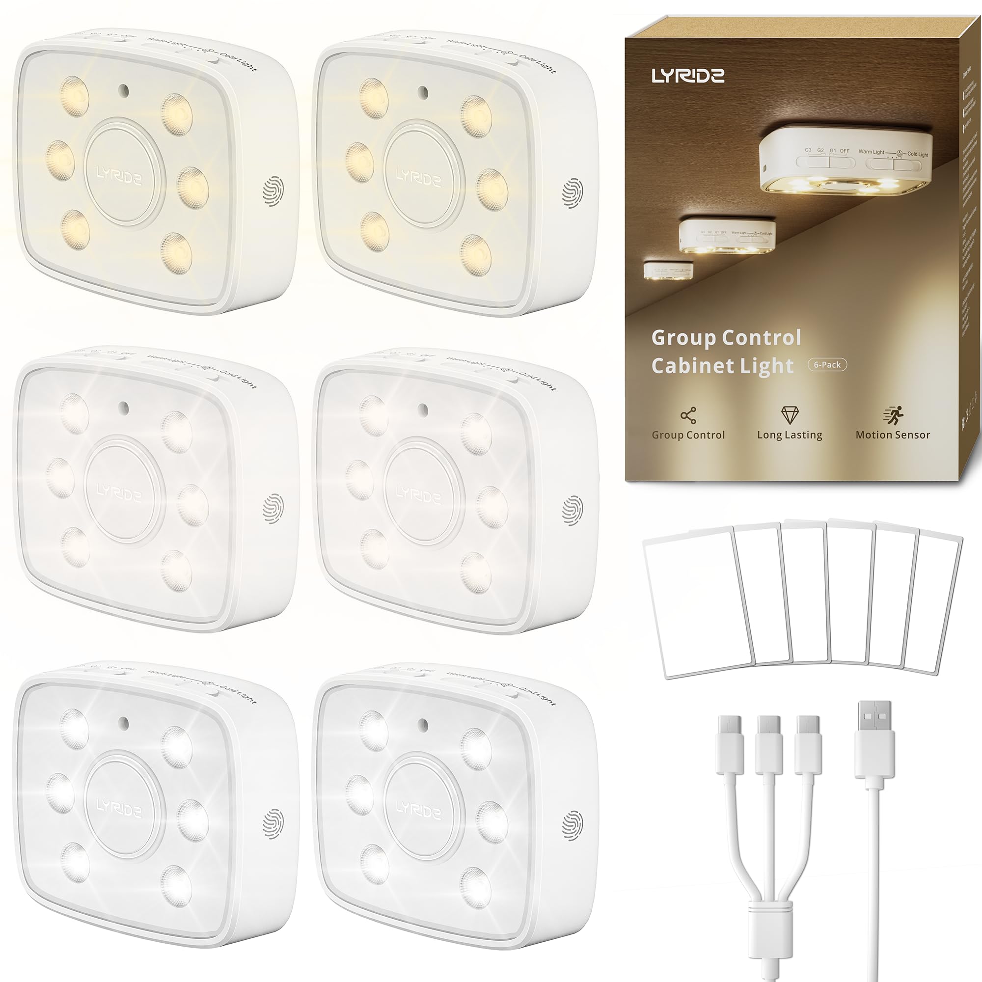 Lyridz LED Under Cabinet Lights 3 Group Control Motion Sensor Puck Lights 4 Color Temperatures Rechargeable Dimmable Nightlight