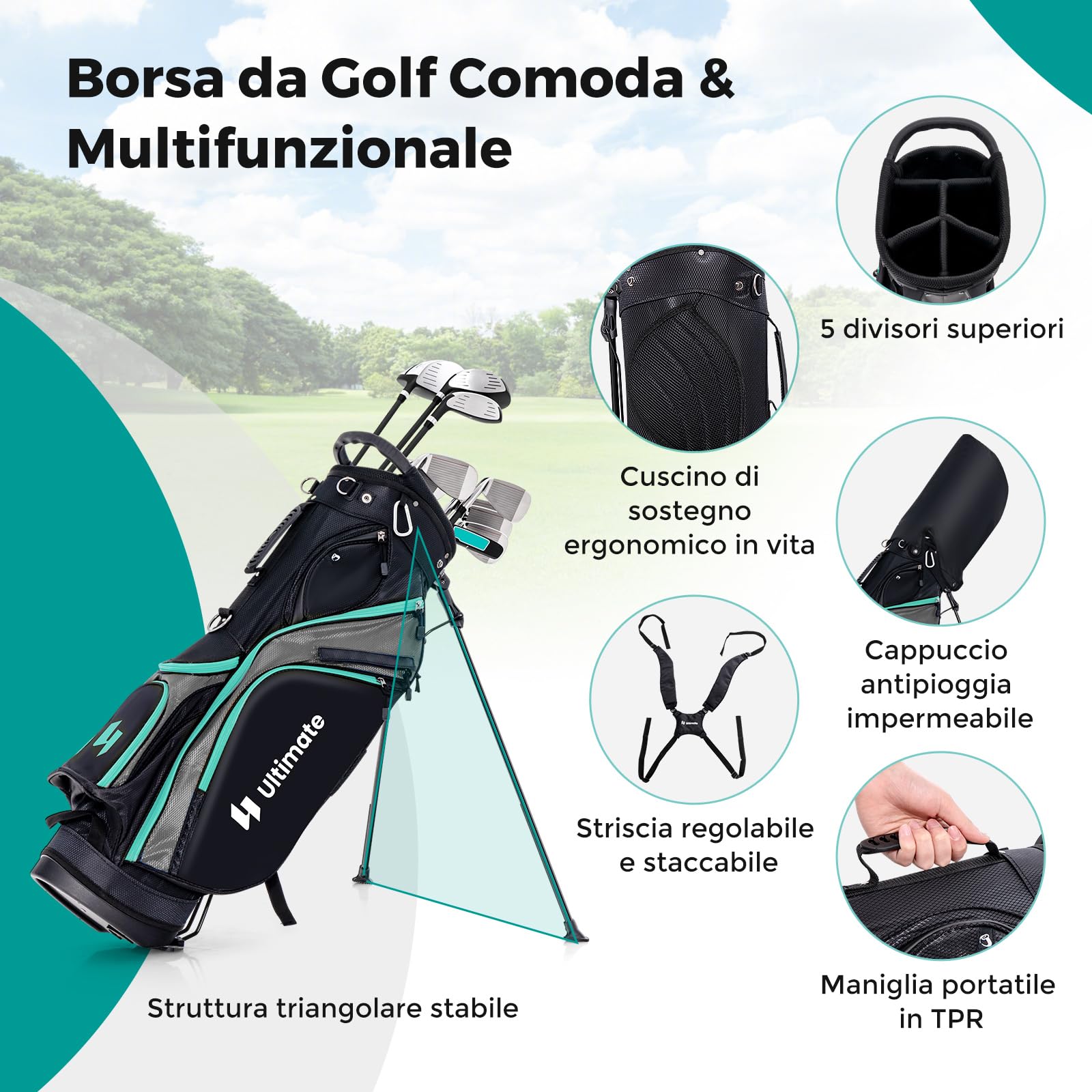 GYMAX Set di Mazze da Golf per Uomo, Set Completo da Golf in Metallo, Sacca da Golf, Sacca da Golf con Cinghie, per Mano Destra, con Driver 1, Ibrido 5, Ferri 6, 7, 8, 9, S e Putter