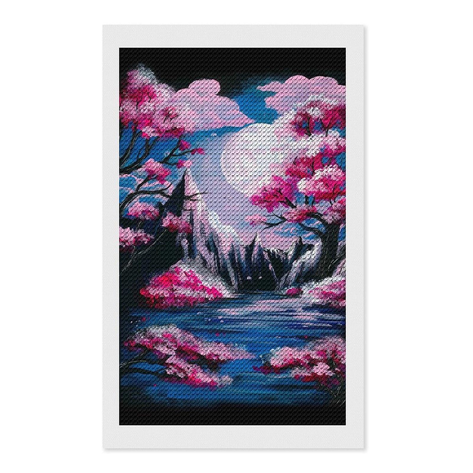 Junmoney Cherry Blossom Moon Diamond Painting Canvas Set 12"x20", for Adults, Decorate Your Room, Festive Craft Gift, Office Decor