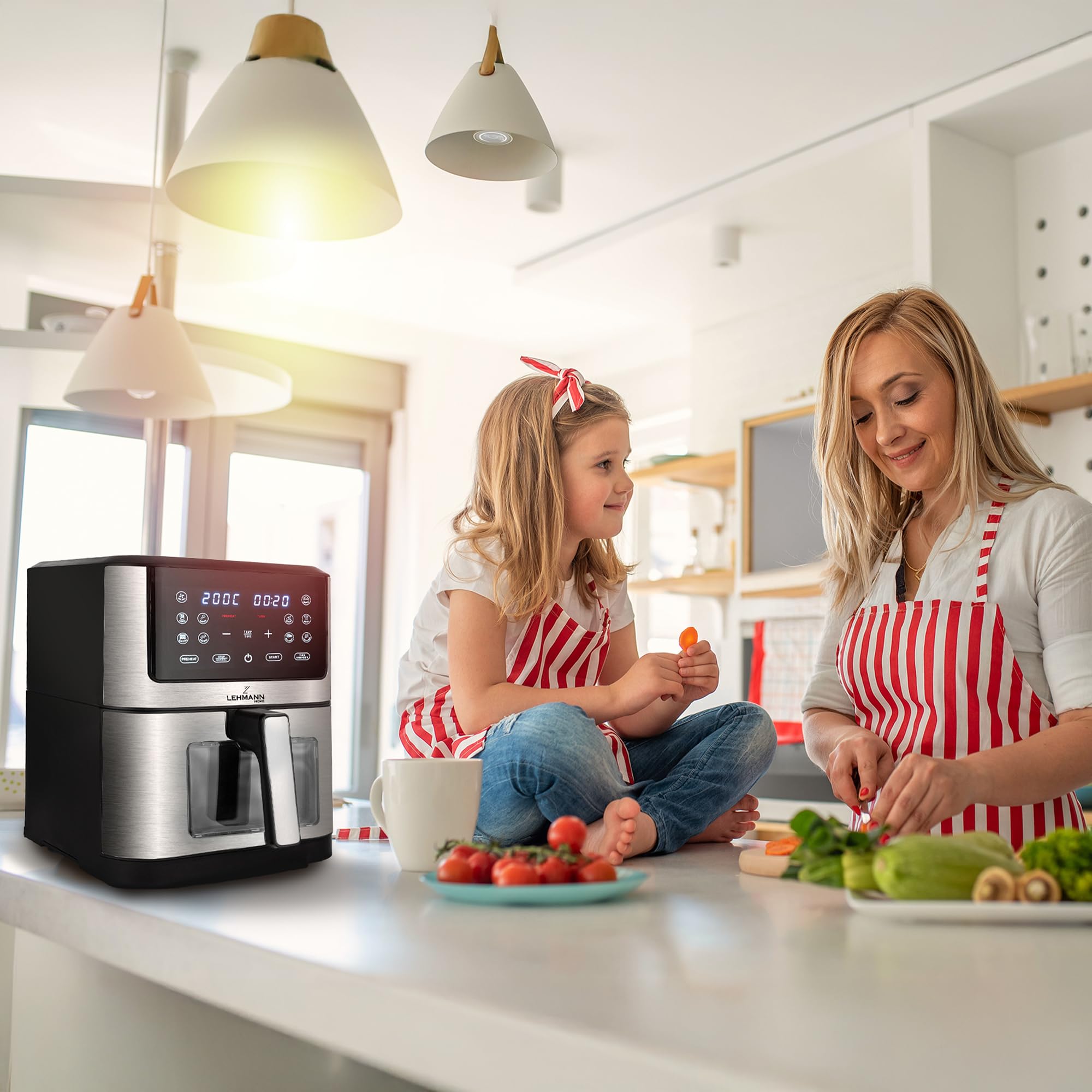 LEHMANN Friggitrice ad Aria 8 Litri XXL, 1800 W, Air Fryer con Finestra di Visualizzazione, 12 Programmi & Regolazione Manuale 76–200°C, Timer 1-60min, Rivestimento Antiaderente, Display Touch