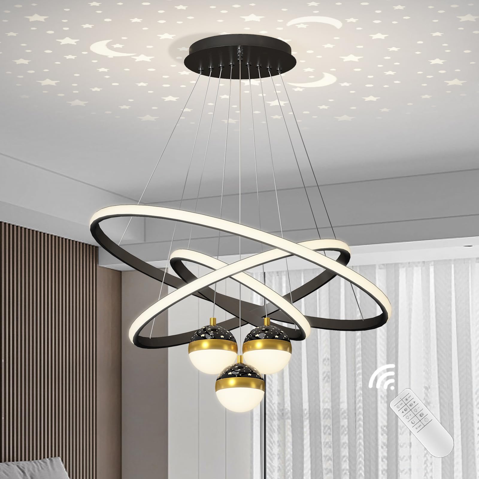 HvKvHvY Gold Kitchen Island Lights with Remote Control Pendant Light, 30+40+60Cm Modern Ceiling Lights with Memory, LED Chandeliers Dimmable 3 Ring for Living Room Bedroom Kitchen, Blcak