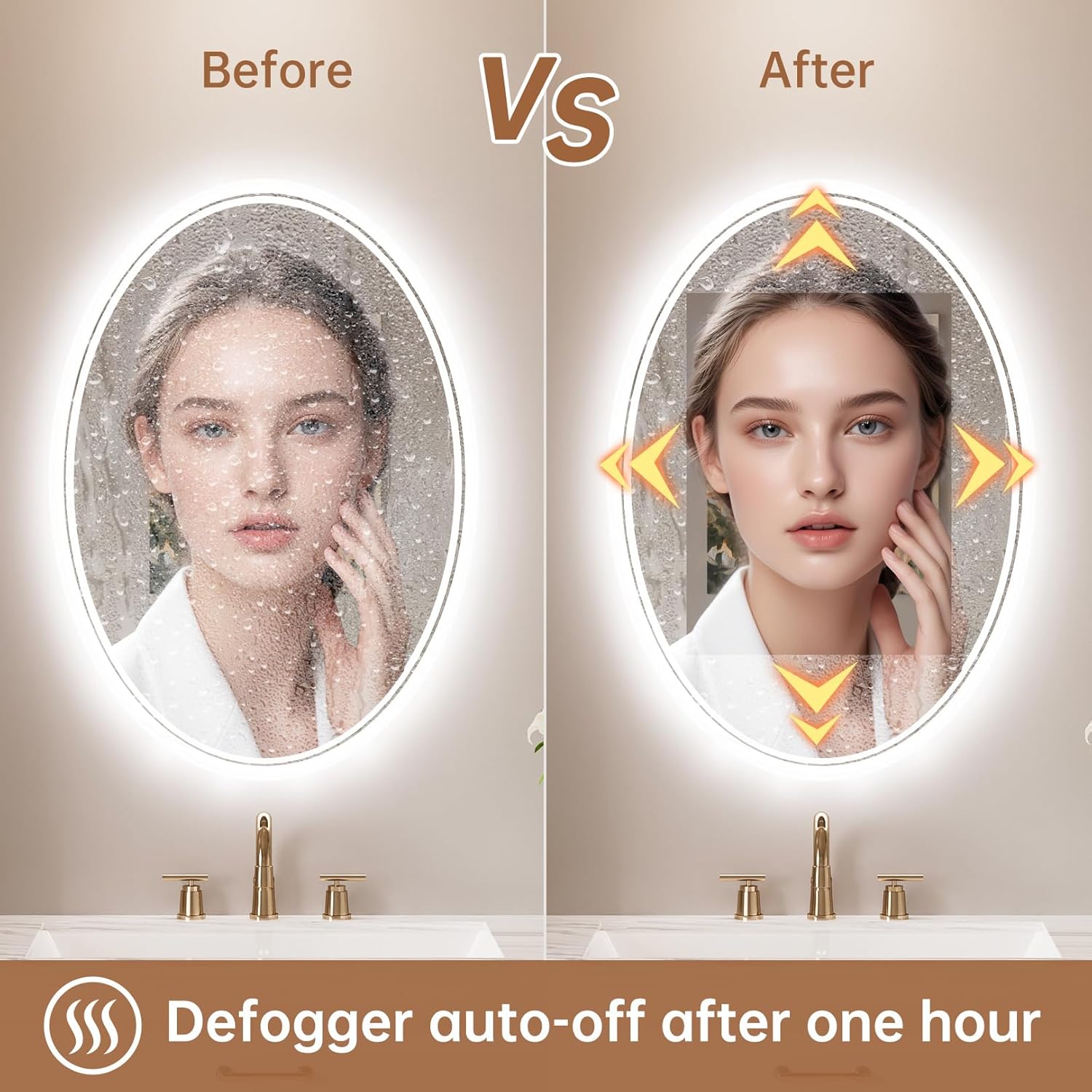 Defogger auto-off after one hour, showing a clear mirror surface after activation