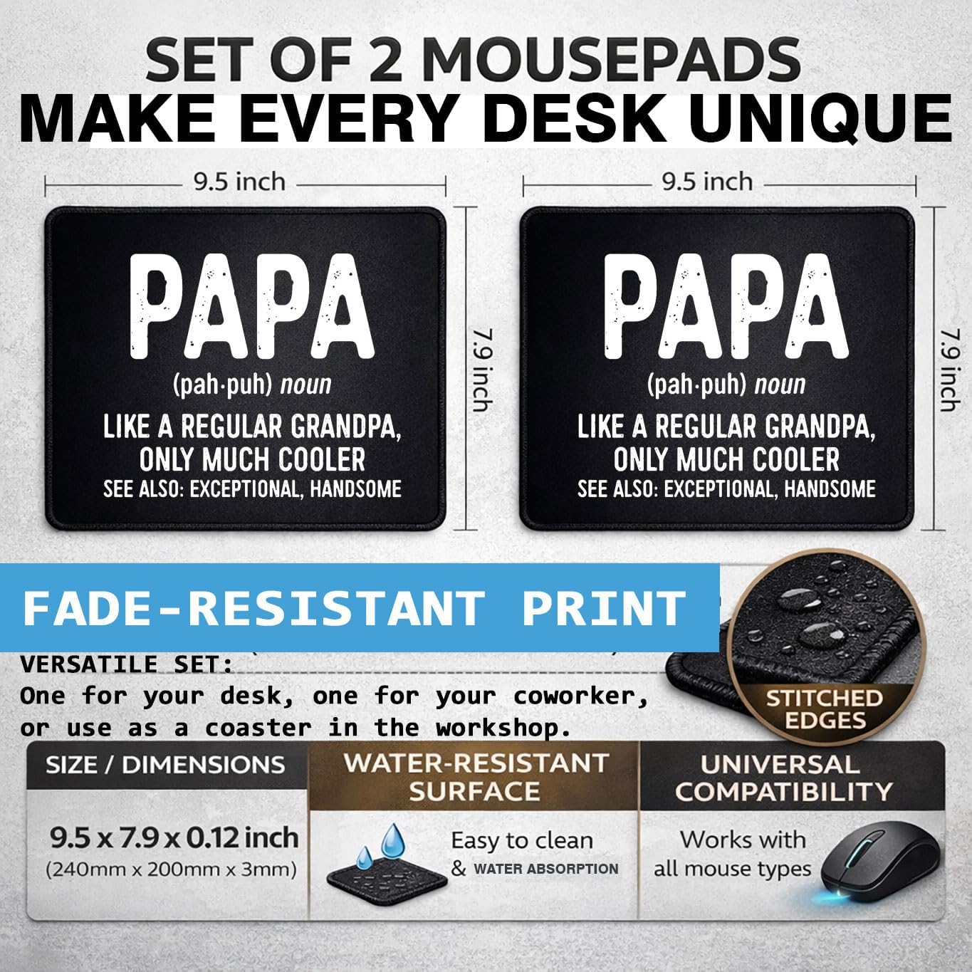 PAPA Definition Mouse Pad Set, Rubber, Black, Non-Slip Base, Office, 9.5x8 inches, Funny Grandpa Gift, Rectangular, 2 Pack image 2