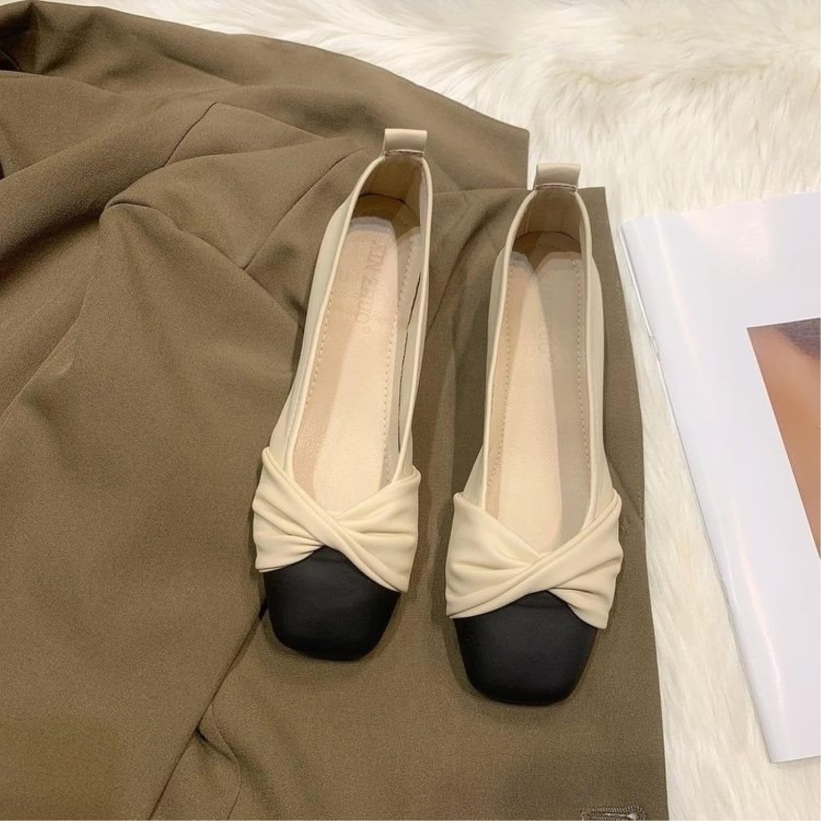 SMYDM Mary Jane - Ballerine da donna con tacco basso, in pelle PU, tacco basso, ballerine a punta, con fiocco, beige kaki