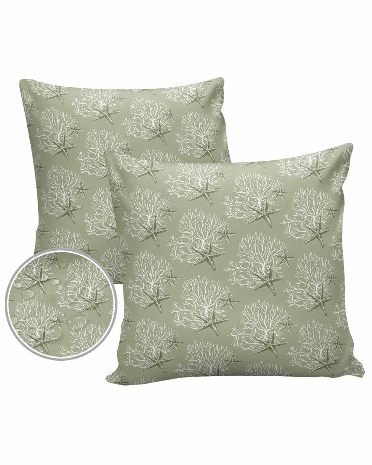 Sage Green Starfish Outdoor Pillow Cover 18x18 Inch Cushion Sham Case, Waterproof Decorative Square Throw Pillowcase for Outside Garden Patio Porch Couch Chair Tent Coastal Coral Nautical Summer Sea