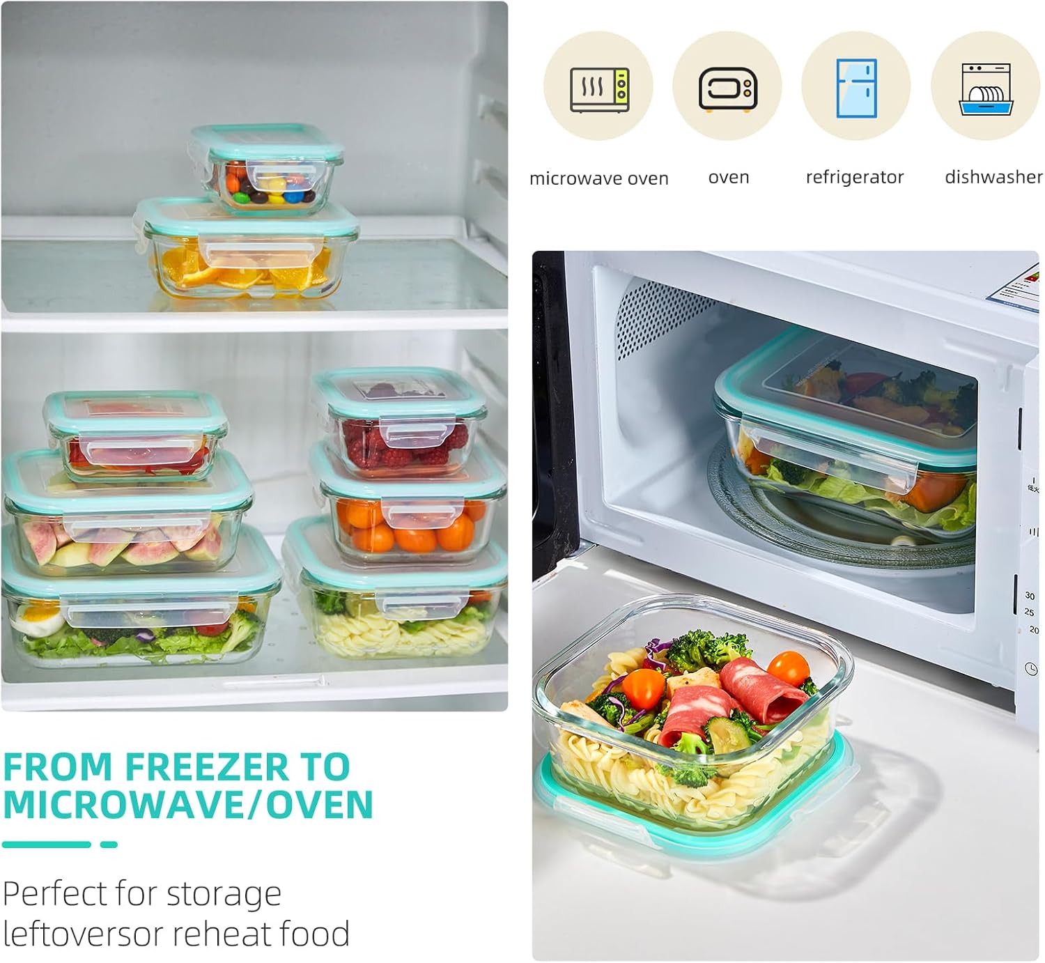 YUNCANG 8 Pack Glass Food Storage Containers with Lids, 5oz to 35oz Meal Prep Containers, Airtight Bento Boxes with Leak Proof Locking for Microwave, Oven, Freezer and Dishwasher, BPA Free - Image 3