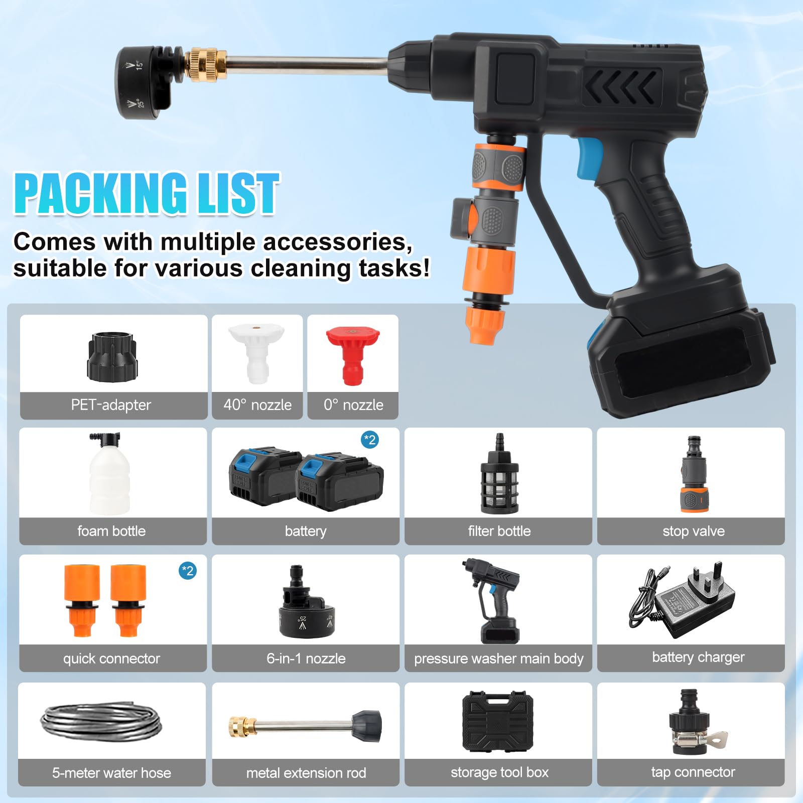 Cordless Pressure Washer, 6-in-1 Portable Power Washer with 2 Batteries, 960PSI High-Pressure Cleaner, Dual Water Source (Tap & Bucket), 5M Hose for Car, Patio, Garden Cleaning — view 2