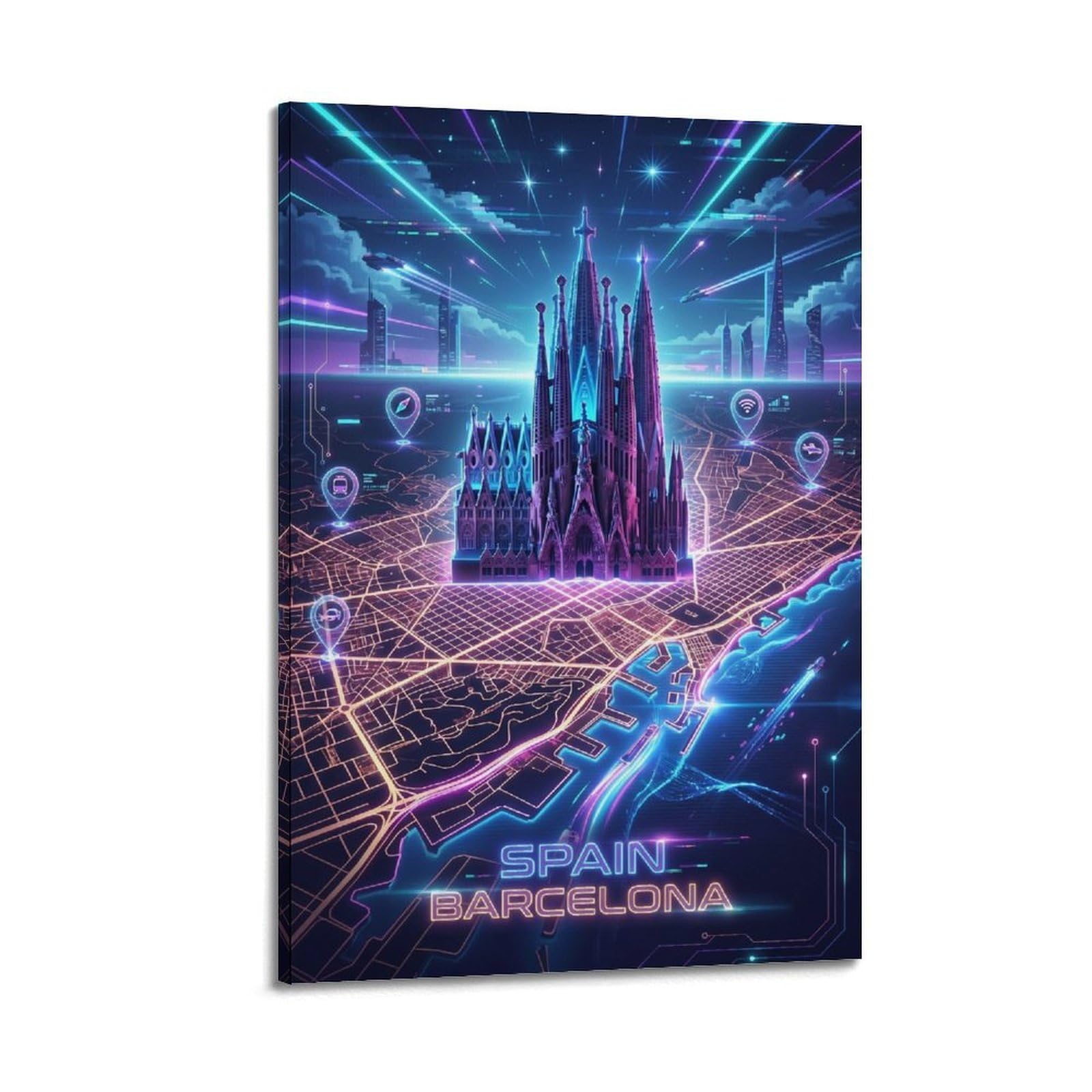 XKUGA Barcelona Spain Future City Neon Travel Poster Modern Decorative Canvas Prints - Ideal Wall Art for Family, Man Cave, Game Room, Boys & Girls Bedroom 16x24inch(40x60cm)
