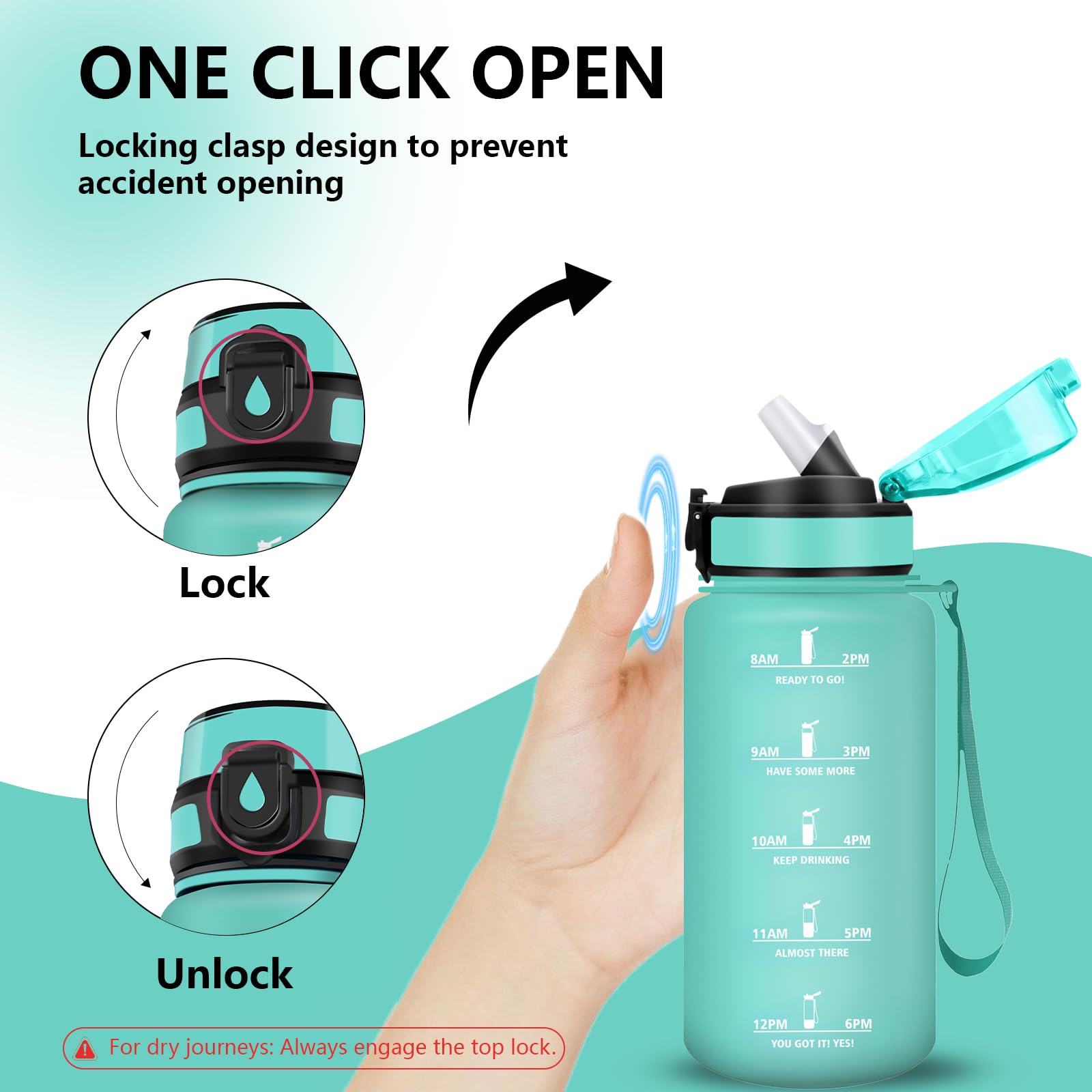 Gourde 500ml Anti Fuite, Gourde Motivation, Verrou de Sécurité, Bouteille d'eau avec Paille, Facile à Nettoyer, Gourdes avec Marqueur de Temps pour École, Velo, Cyclisme - 5