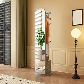 Buhelyc Full Length Mirror with Stand Swivel Full-Length Mirror 2-in-1 Floor Mirrors with Drawer 360 Rotating for Bedroom, Entryway, ClosetSizeA Style,ColorGrey