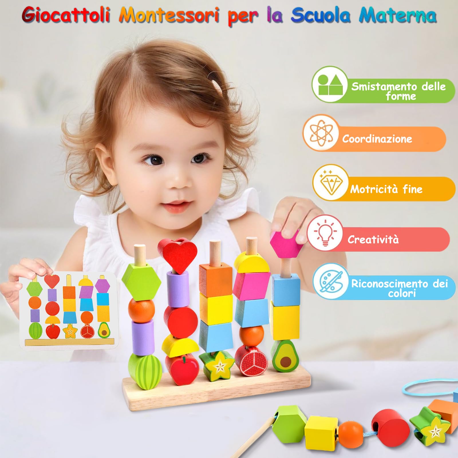Echehi 2 in 1 Giocattoli Montessori da Infilare per Bambini, Perline da Infilare, Forme da Abbinare, Sviluppo delle Capacità Motorie Fini, Blocchi in Legno da Impilare