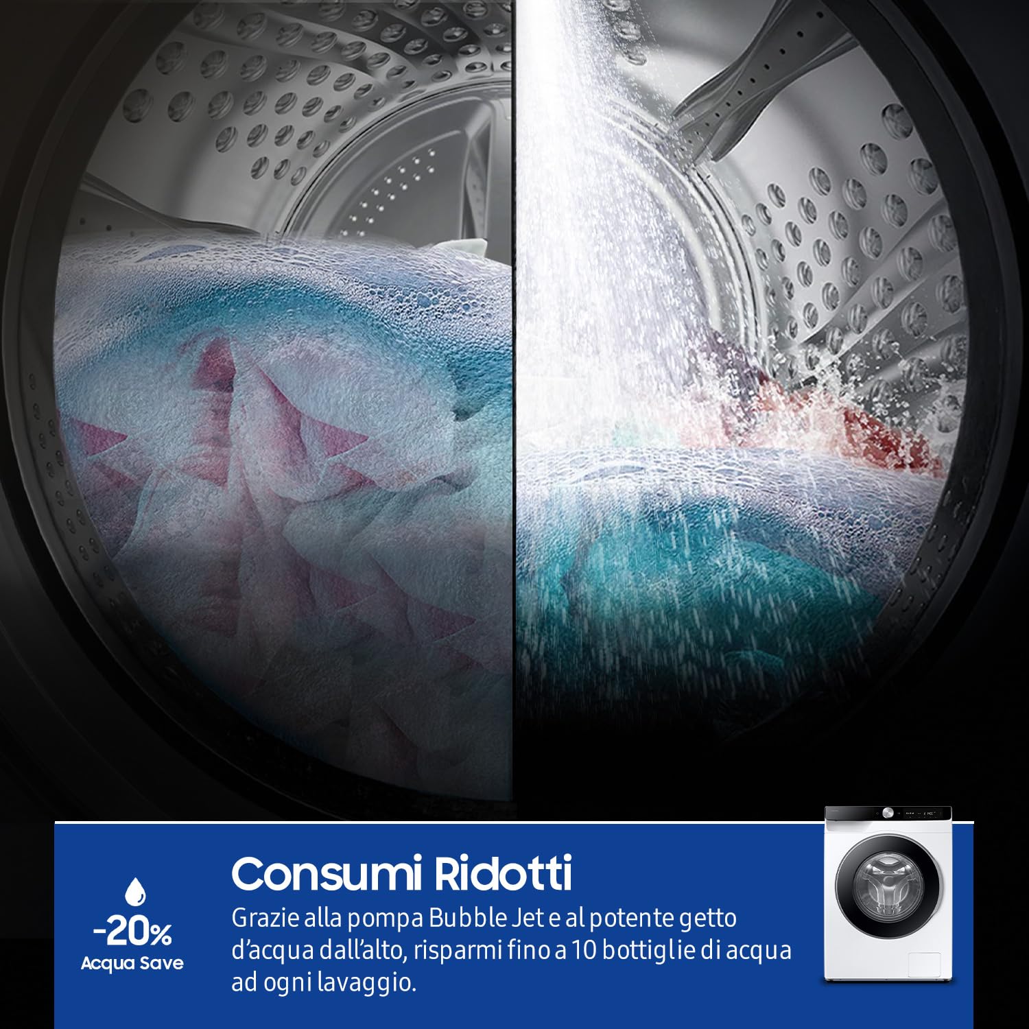 Samsung Lavatrice AI Control WW10FG6U34LK/U3, 10 Kg, AI Energy Mode, AI Ecobubble, Carica Frontale, Corpo: Bianco, Oblò e Display: Nero, 60l x 85h x 55p cm