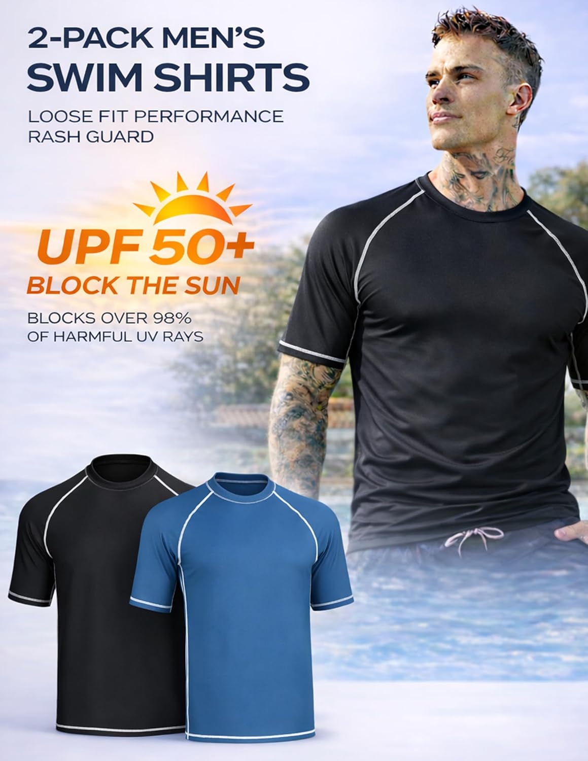 Liberty Imports 2-Pack Men's UV Short Sleeve Swim Shirts Loose Fit Rash Guards - Image 3