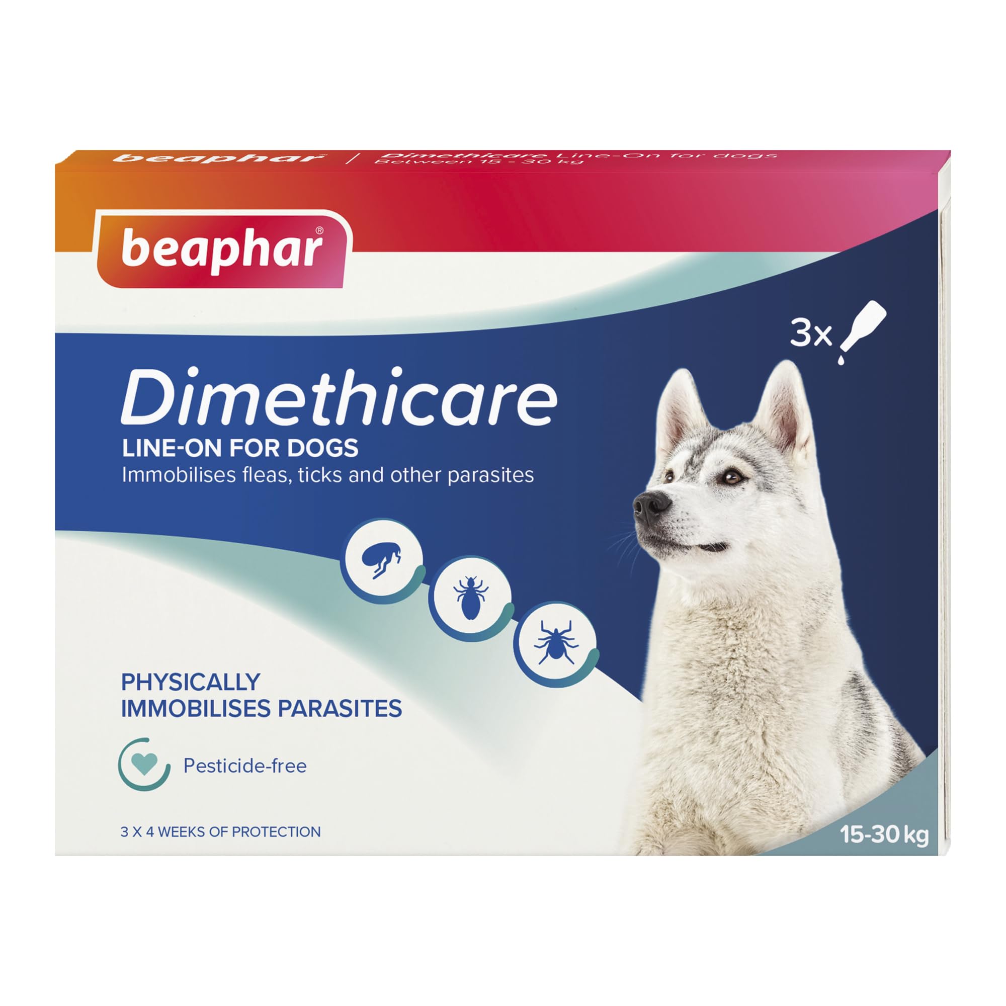 Beaphar - Dimethicare Line-On Flea & Tick Control for Medium Dogs 15kg-30kg – 3 pipettes - Physically Immobilises Fleas, Ticks & Other Parasites - Pesticide-Free - For Medium Dogs from 12 weeks old
