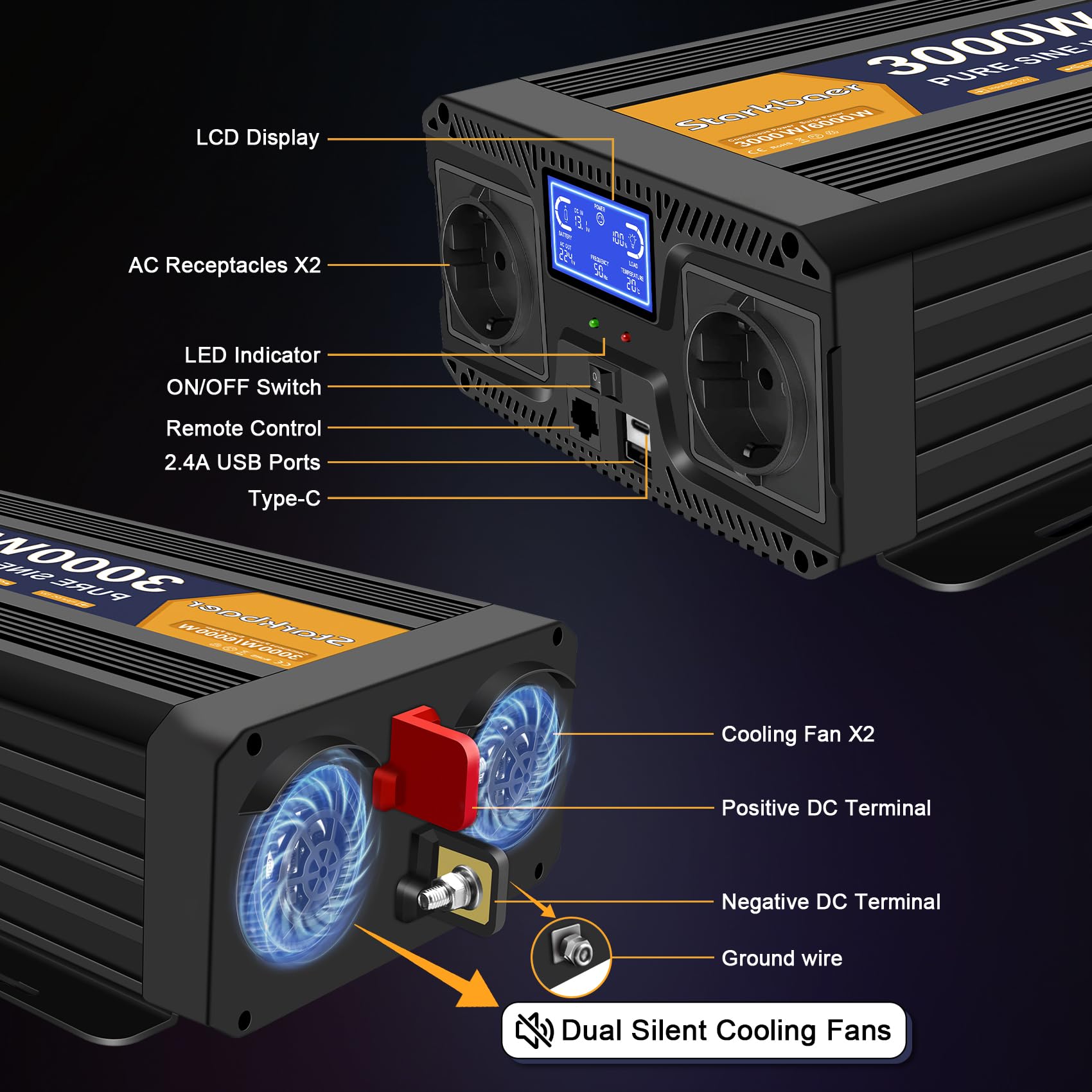 3000W/6000W inversor 12V 220V Onda Pura, Transformador 220v a 12v, convertidor para Coche, con Pantalla LCD, Mando, Enchufe CA y USB-C. Ideal para autocaravanas, Coches, Solar, Camping y apagones