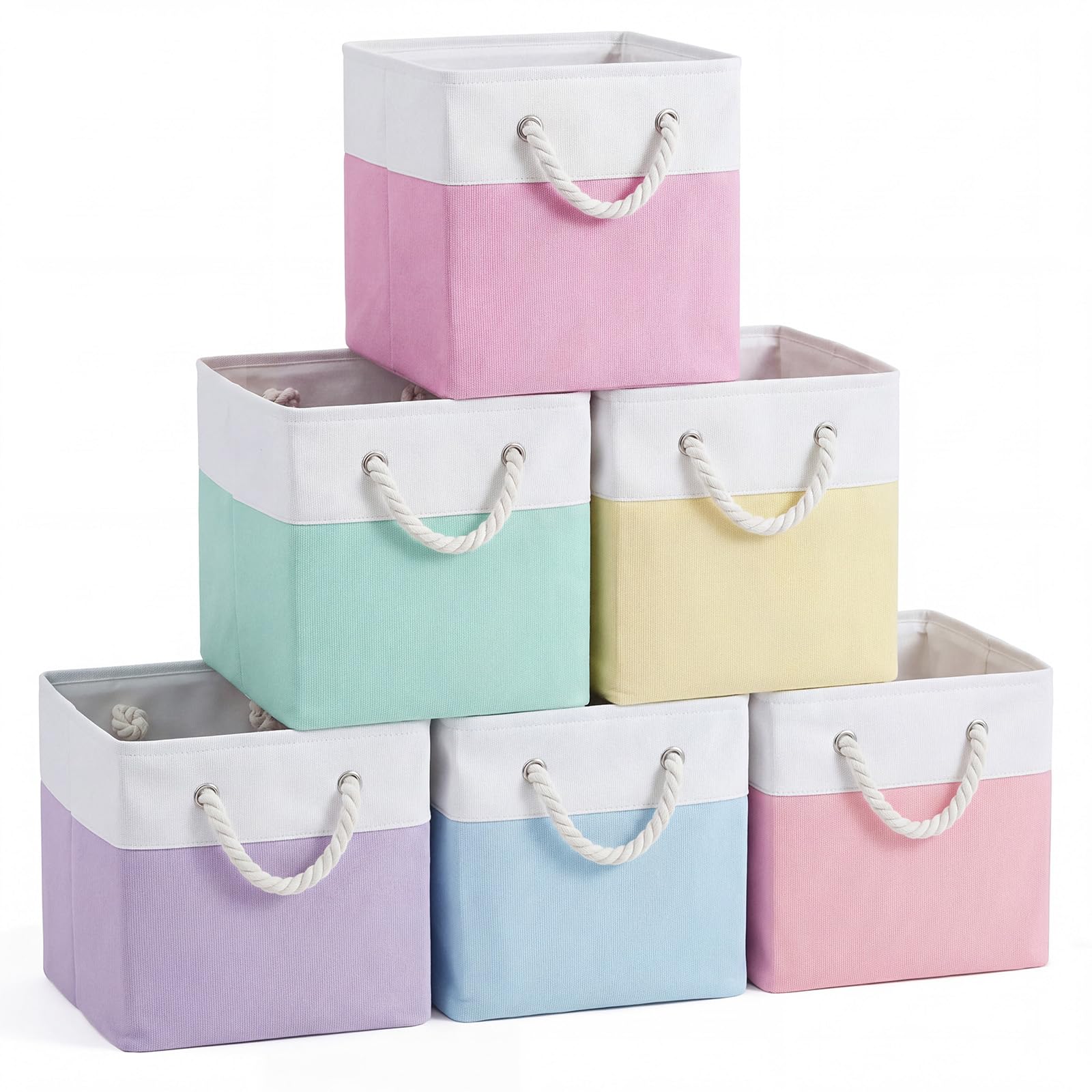 Geiserailie 6 Stück 27,9 x 27,9 cm große Würfel-Aufbewahrungskörbe aus Stoff, faltbare Würfelkörbe mit stabilen Tragegriffen, Weidenkörbe für Zuhause (Macaron, Farbblock)