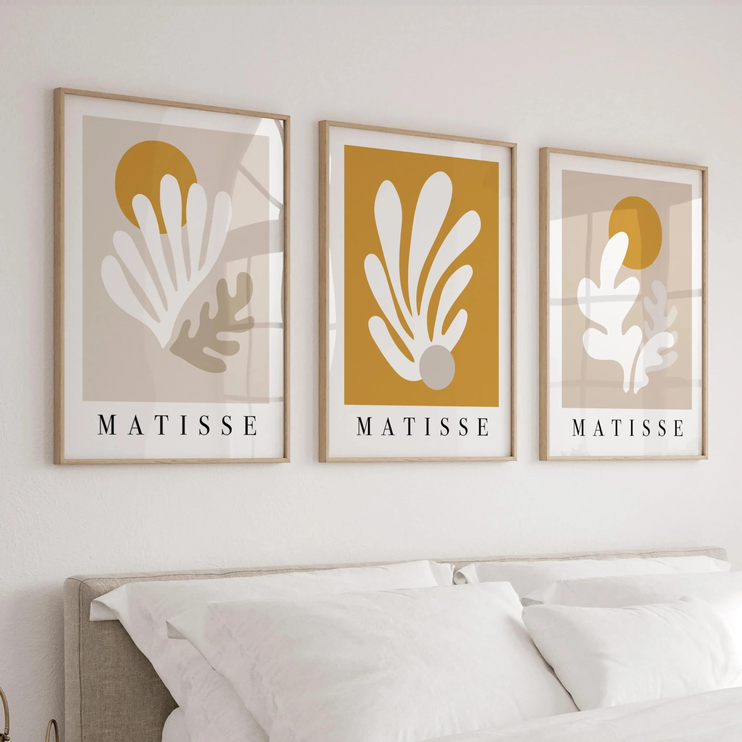 Láminas de arte mural de Matisse, pósteres modernos de mediados de siglo en beige y amarillo mostaza, láminas botánicas, arte para sala de estar (50x70cm/3 piezas sin marco)