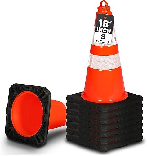 Pyle Conos de tráfico de PVC de 18 pulgadas, paquete de 8 conos de seguridad para estacionamiento, construcción, trabajo en carretera y