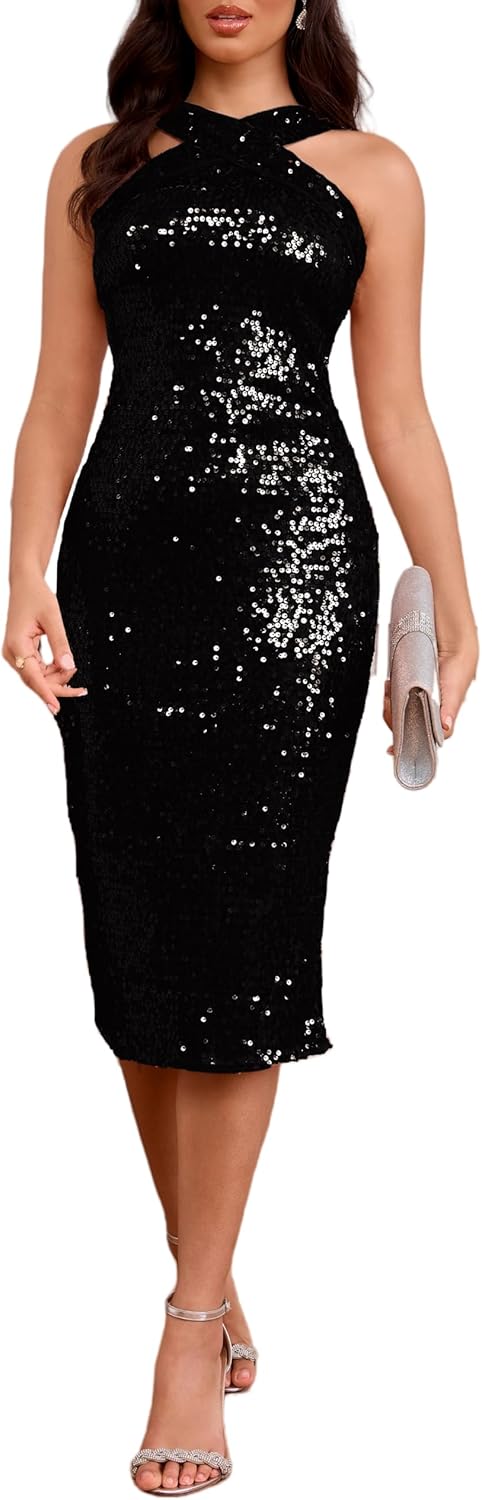 Women's Sequin Sleeveless Bodycon Dress Cross Halter Neck Sparkly Midi Dress Halter Bandage Cocktail Evening Dress