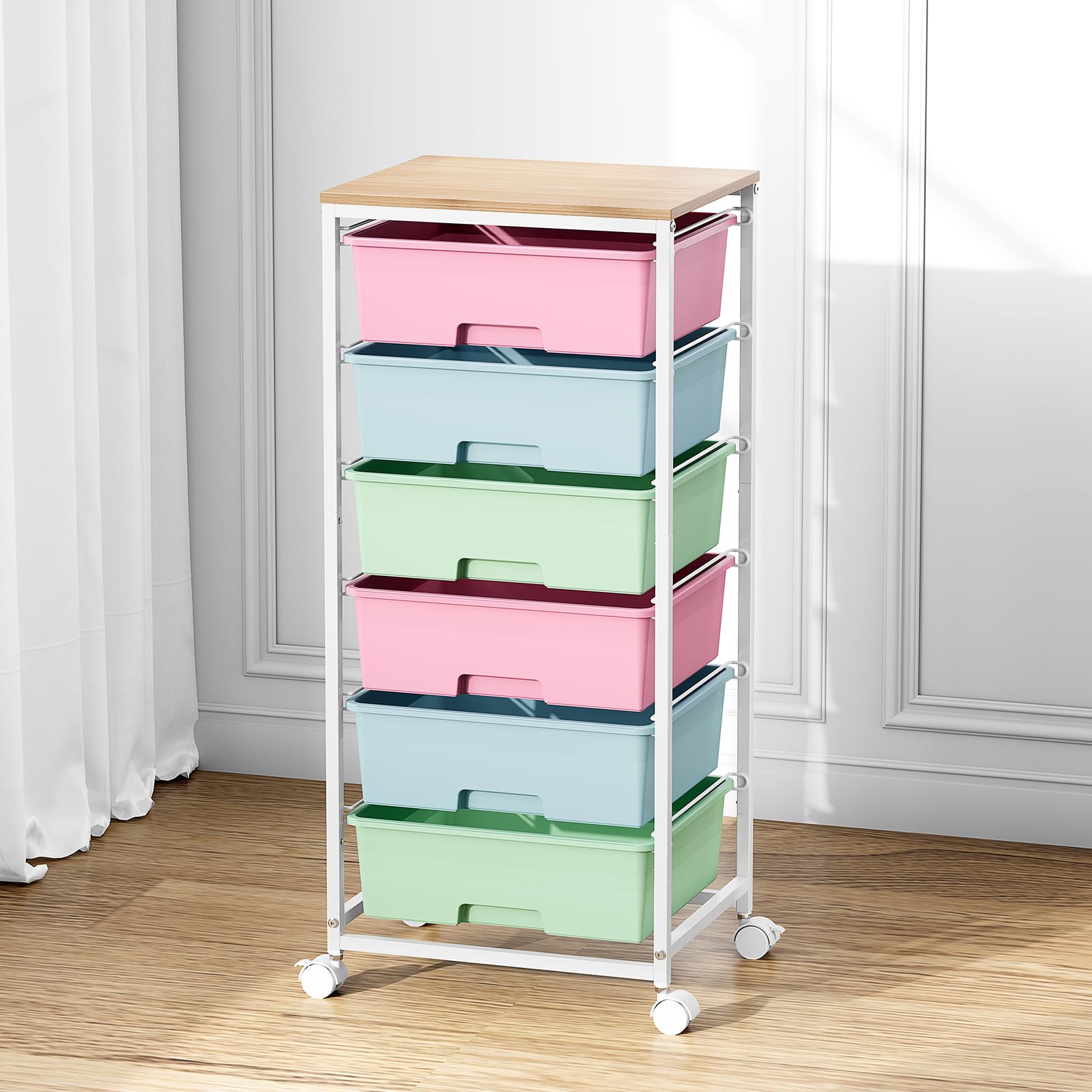 Cajonera con Ruedas KINGRACK con 6 Cajones Grandes y Estantes - Carrito Organizador para Oficinas, Habitaciones Infantiles y Salas de Manualidades (Colorido)