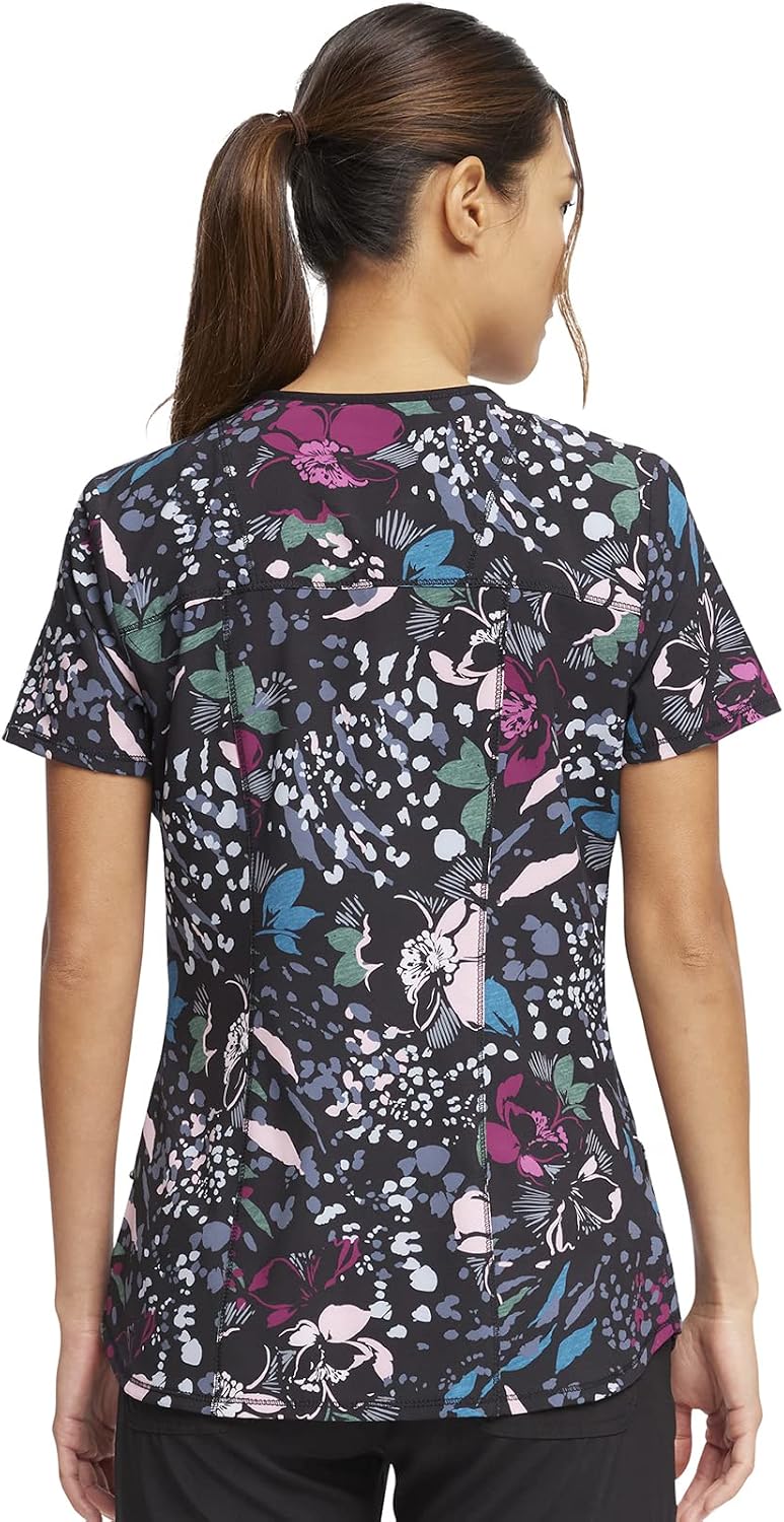 Cherokee Infinity Women Scrubs Top Round Neck Zip Front Print CK772 | Two Angled Welt Pockets, Contemporary Fit, Rib-Knit Neck Inset, Princess Seams, Shirttail Hem, Side Vents