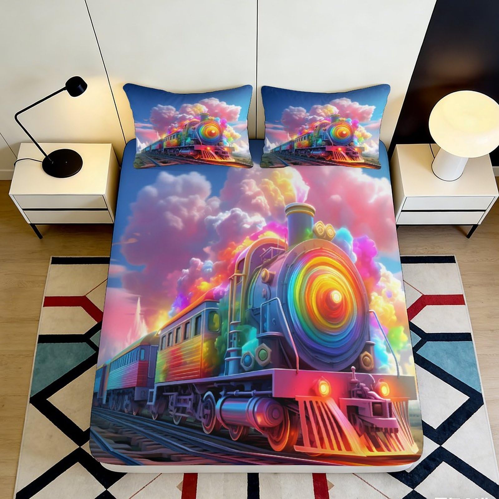 3D Printed Colorful Train Journey Fitted Sheet Microfiber Soft Bedroom Decor Steam Locomotive Bed Cover Anti-Slip 90x200x25cm
