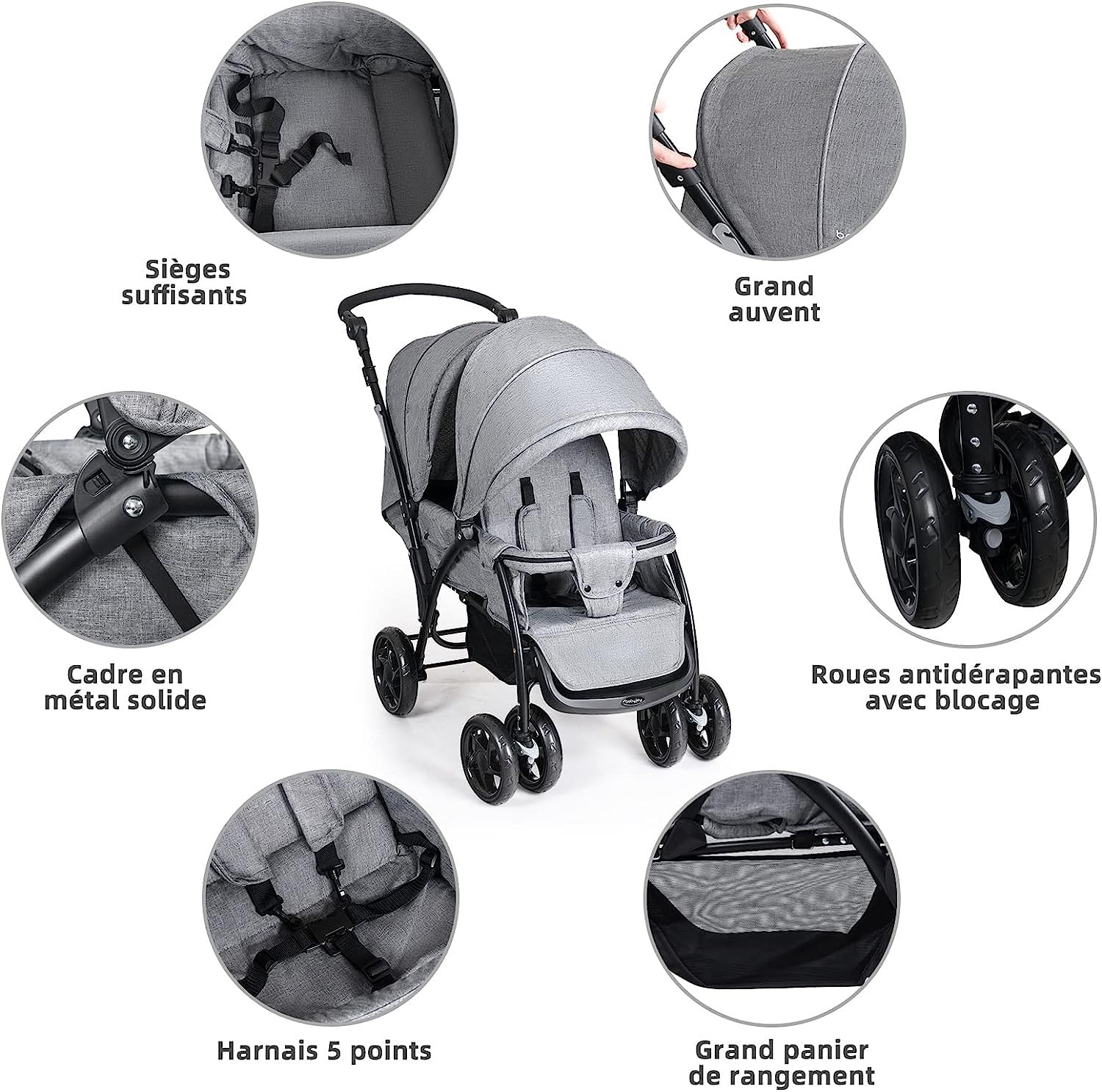 RELAX4LIFE Poussette Double pour Jumeaux Pliable 0 à 36 Mois | Poussette Canne de Bébé avec Capote, Charge Max 15 kg, Guidon et Repose-pied Réglables, Dossiers Inclinables