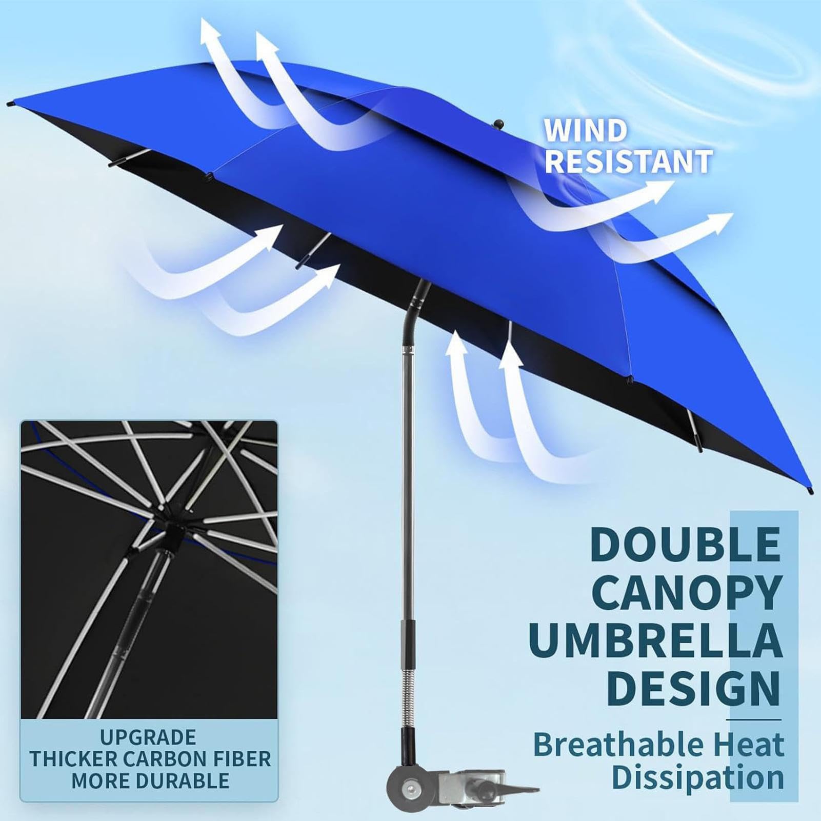 Sombrilla con clip para silla de jardín ajustable de 180° UPF 50+ doble toldo | Silla de playa para exteriores, playa, tomar el sol, viajes, vacaciones, camping, picnic, patio, silla de ruedas