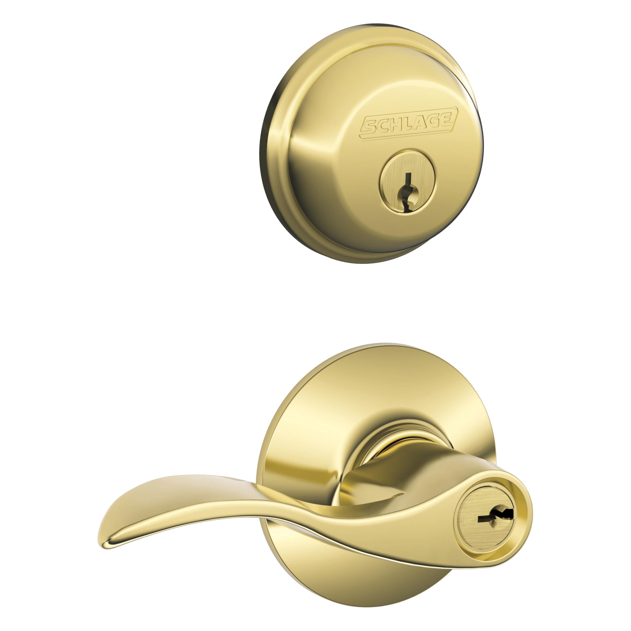 Schlage Deadbolt and Door Handle Set Accent Lever Bright Brass