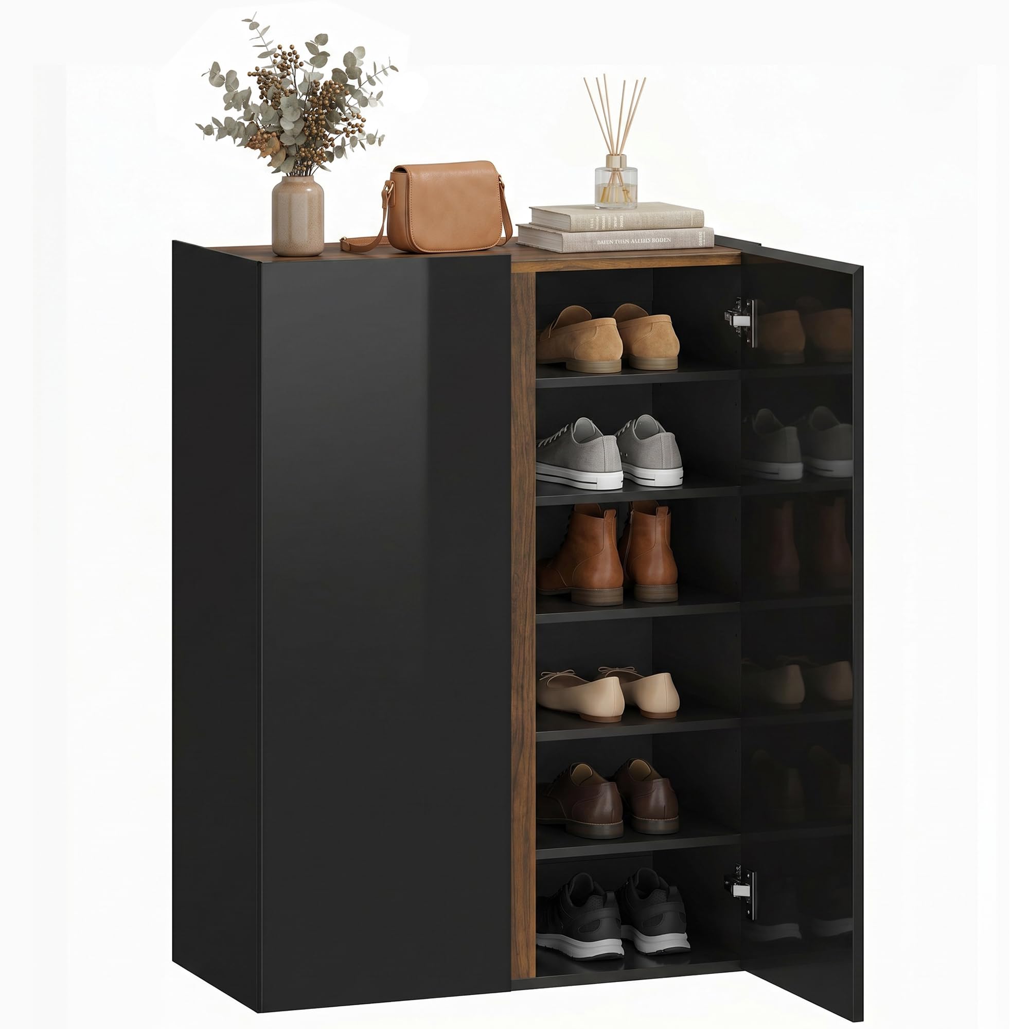 HOMCOM Schuhschrank mit 2 Hochglanz Türen Schuhregal Schuhkommode mit 6 Verstellbaren Fächern Schuhaufbewahrung mit Soft-Close-Funktion für 18 Paar Schuhe 70 x 33,5 x 95 cm, Schwarz