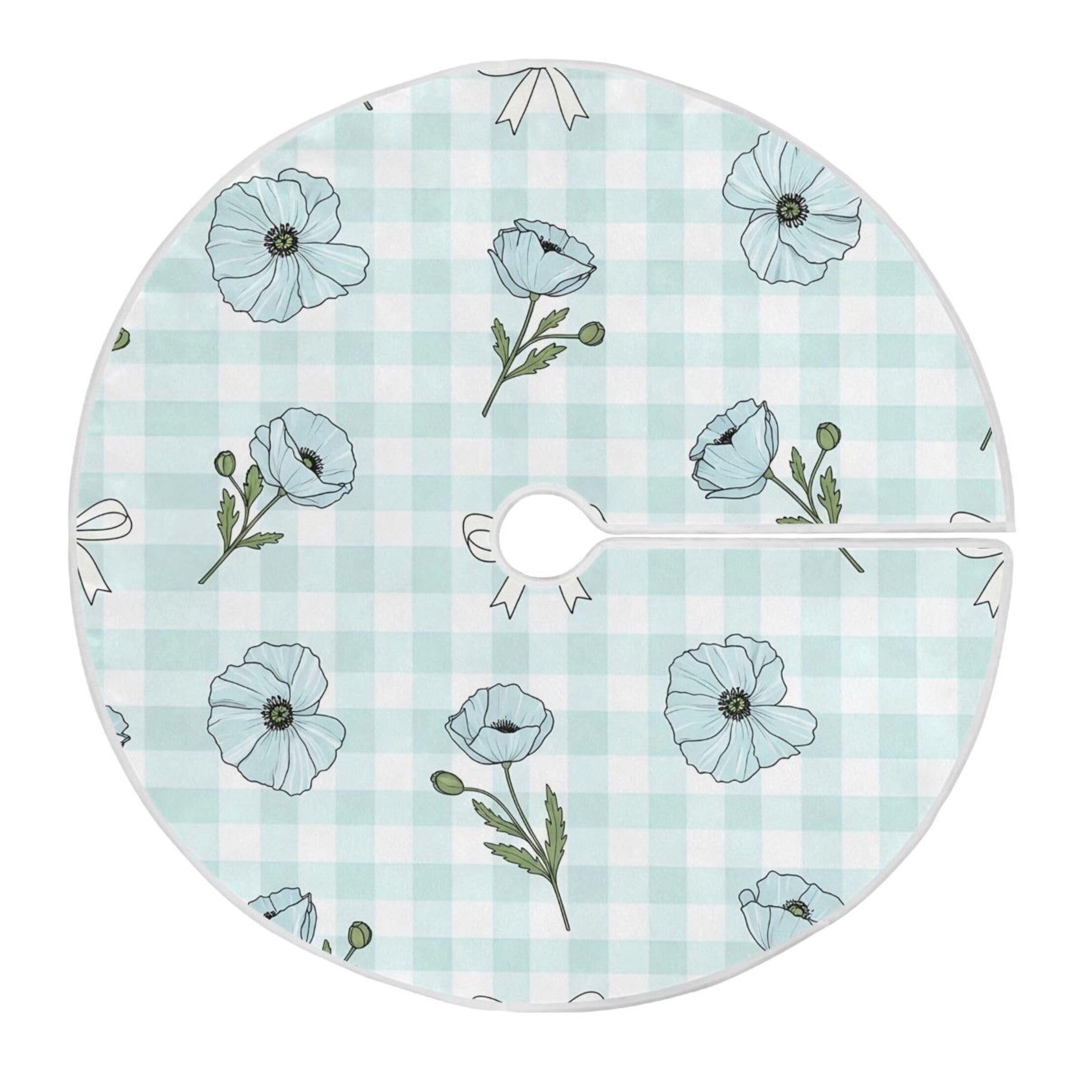 Fuauuyl Flowers Blue Checkered Christmas Tree Skirt 36 in Indoor Outdoor Tree Mat for Farmhouse Holiday Party Decoration