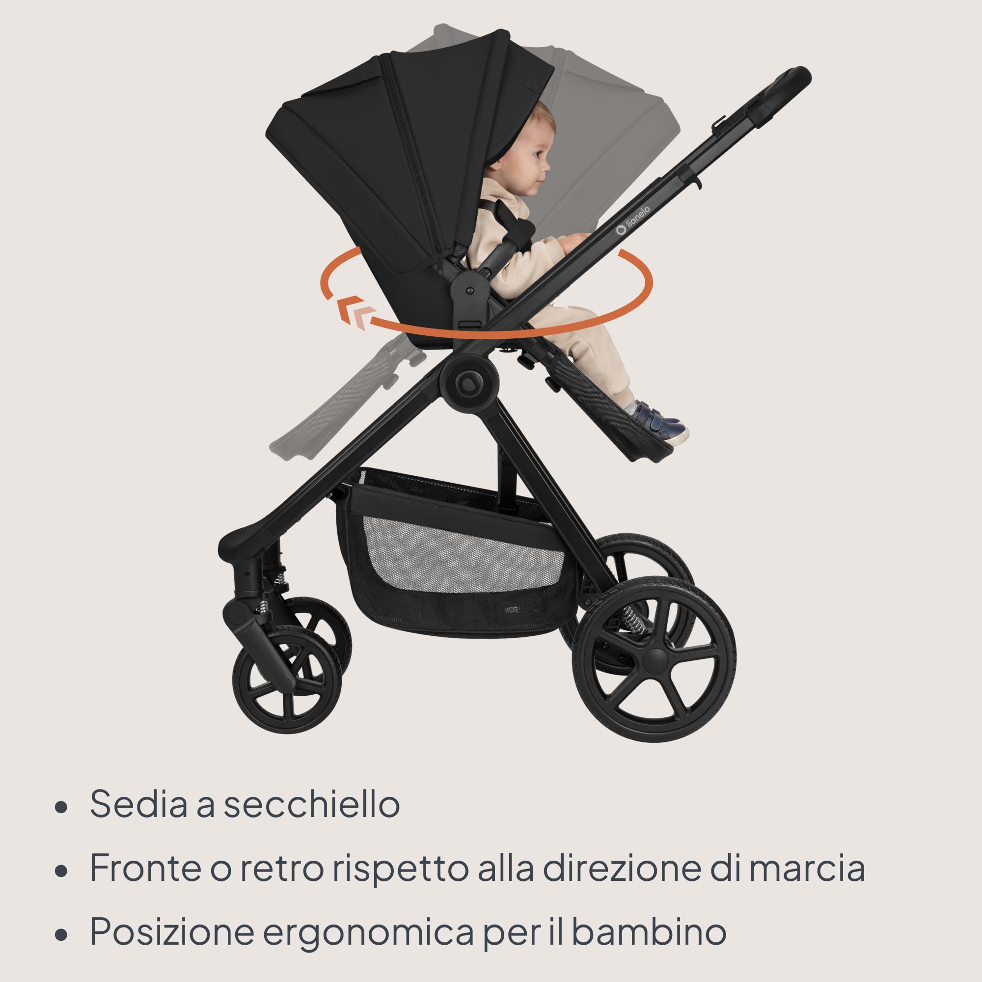 Lionelo Greet Passeggino Trio 3 in 1 per bambini 0-4 anni / 0-22 kg Leggero | Sistema Modulare con Seggiolino Auto,Ampia Navicella,Seduta Reversibile,Telaio,Sospensioni,Posizione Reclinata,UPF50+