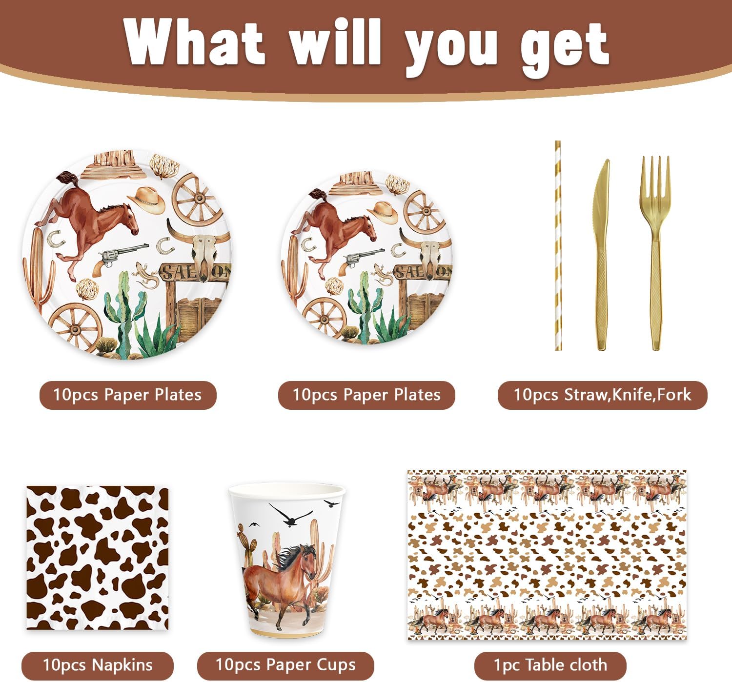 141Pcs Western Cowboy Birthday Party Decorations for 20 Guests - Wild West Cowboy Rodeo Supplies Party Plates and Napkins Forks Cups Straws Tablecloth for Baby Shower Birthday Decorations - Image 3